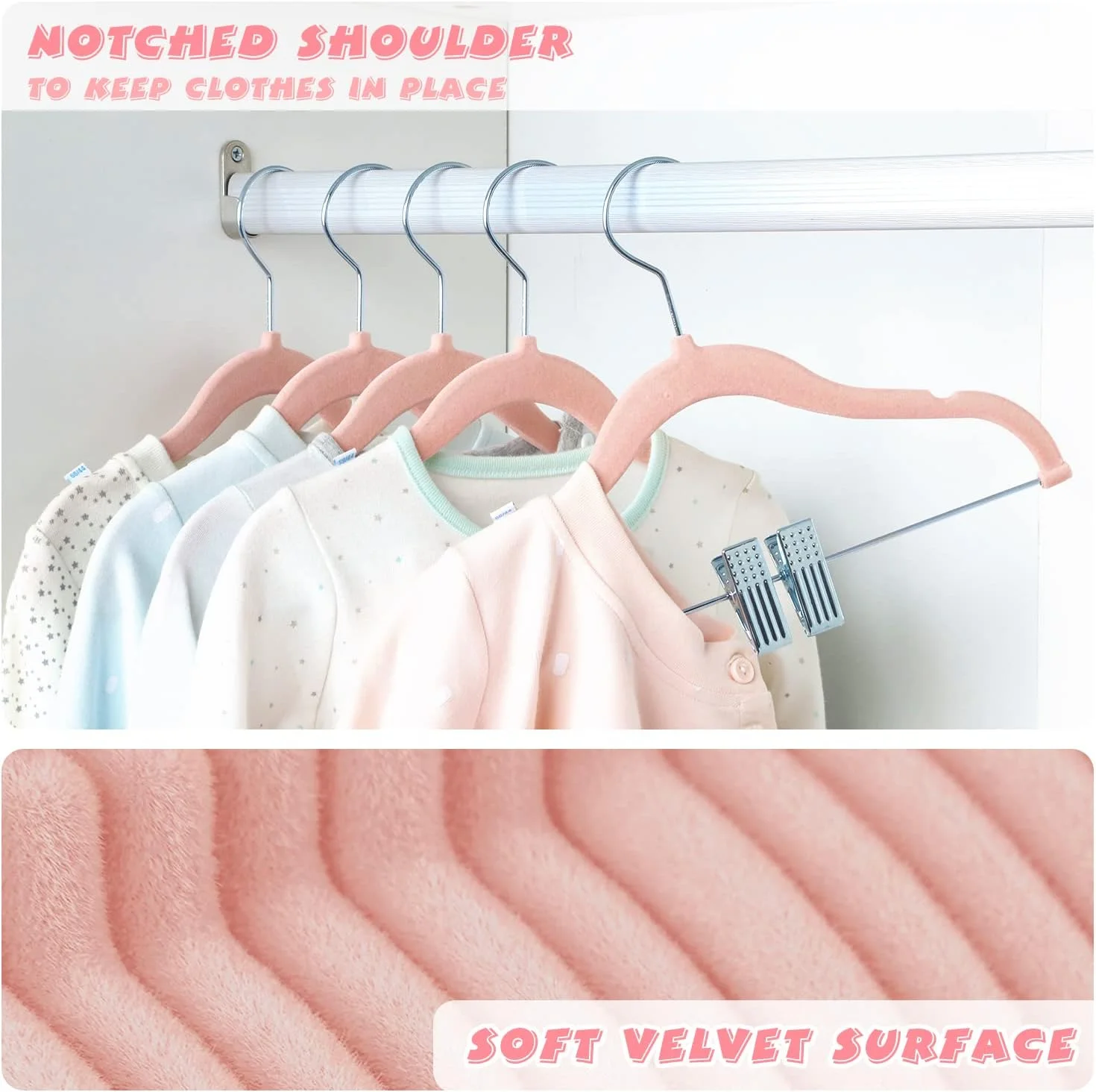 چوب لباسی مخملی کودک 30 سانتی متری با گیره های متحرک، چوب لباسی نمدی ضد لغزش، چوب لباسی فوق العاده نازک برای صرفه جویی در فضا برای دامن، شلوار، لباس، پیراهن، ژاکت (بسته 16 عددی، صورتی)