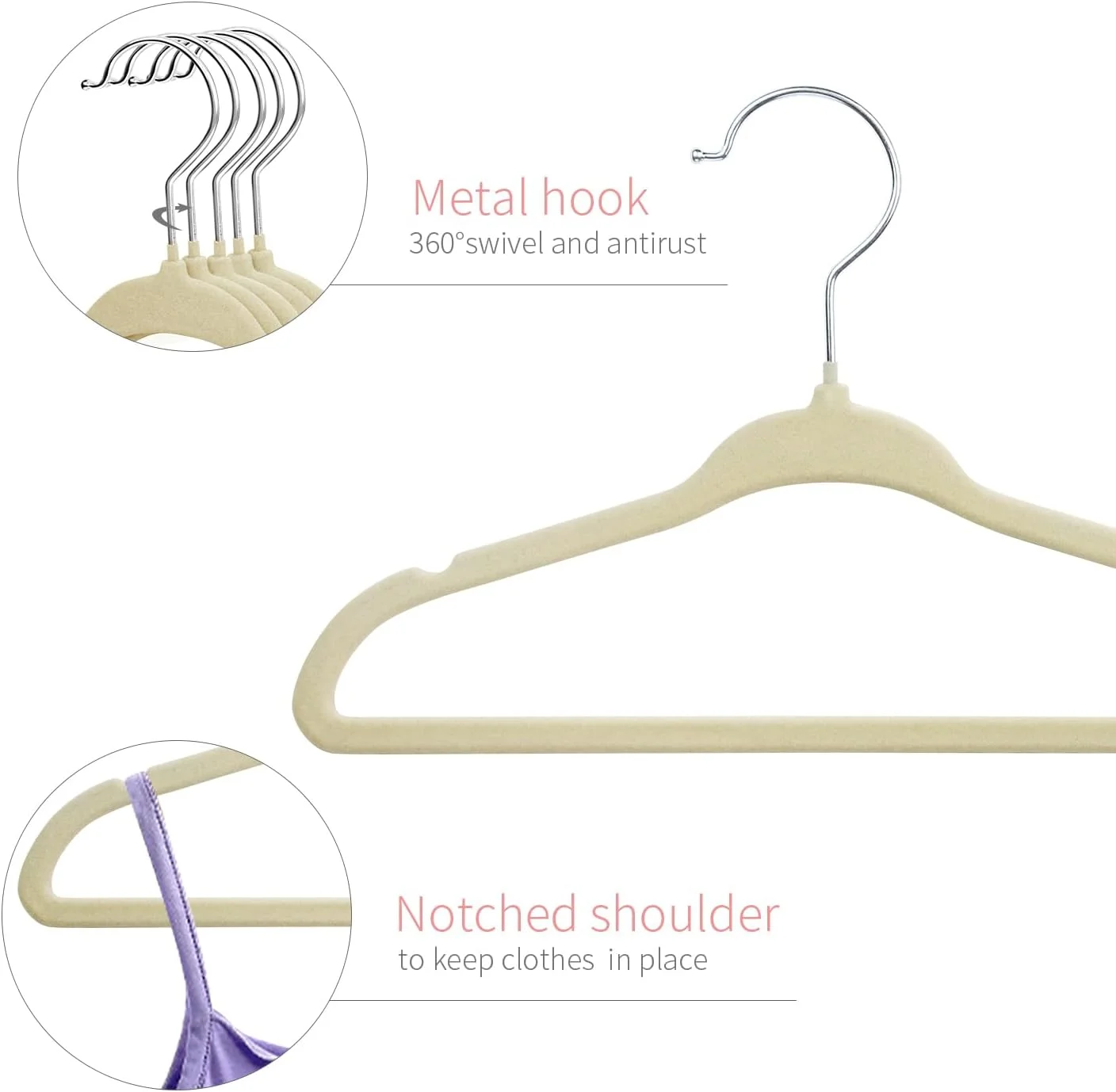 چوب لباسی مخملی کودک ManGotree، چوب لباسی بچه گانه برای صرفه جویی در فضا و ضد لغزش (بسته 30 عددی، بژ)