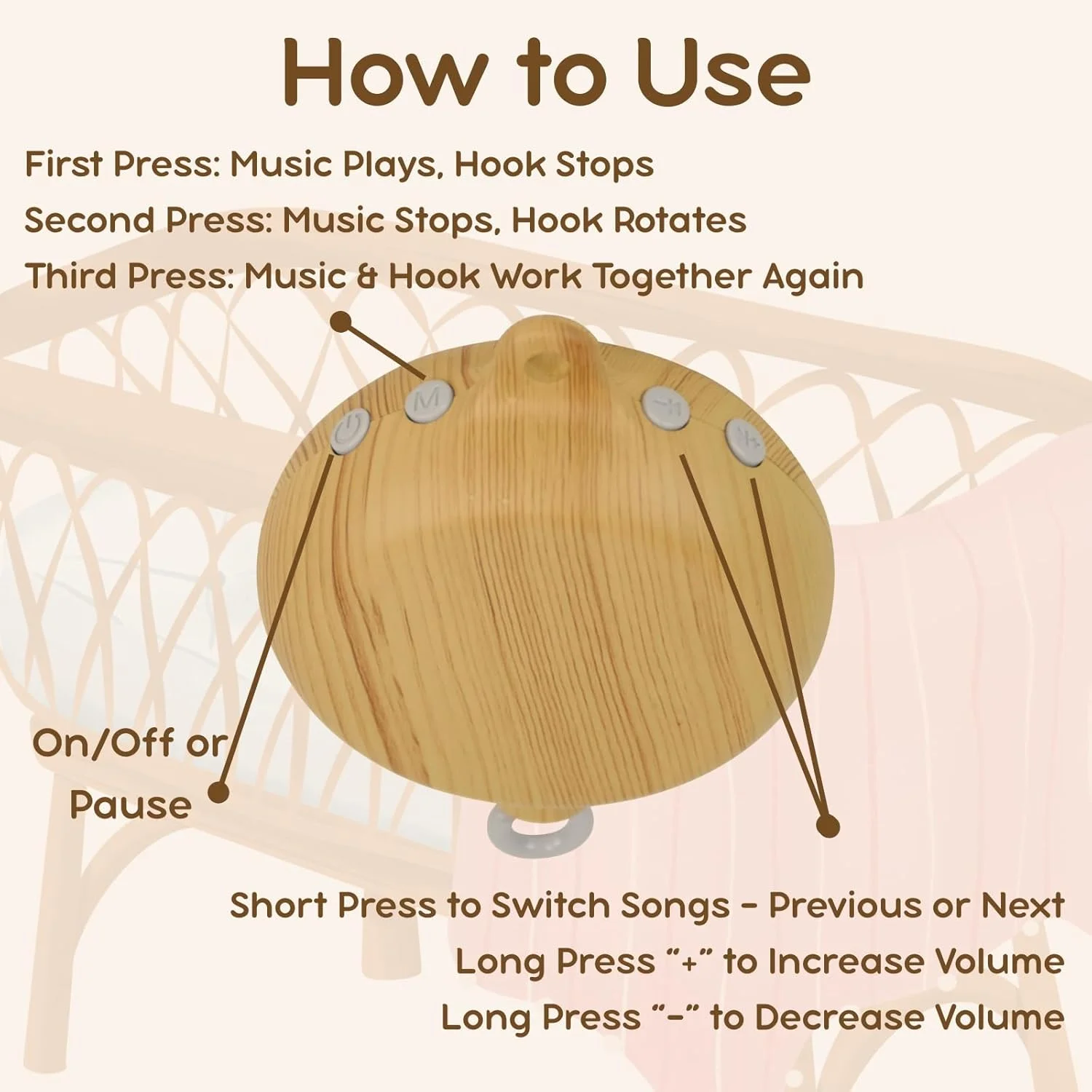 پایه موبایل چوبی ایستاده برای تخت نوزاد، 96 سانتی متر - 100% چوب راش طبیعی - آویز متحرک موبایل کودک (فقط برای بازوی موبایل تخت لانتو 83 سانتی متری استفاده شود)