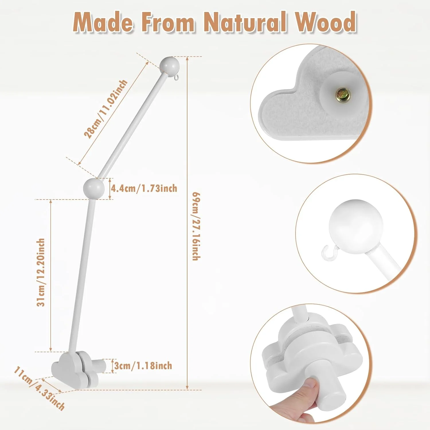 بازوی آویز تخت نوزاد، نگهدارنده آویز تخت نوزاد، زاویه و ارتفاع قابل تنظیم، بازوی چوبی آویز تخت برای نصب دکوراسیون اتاق کودک (سفید)