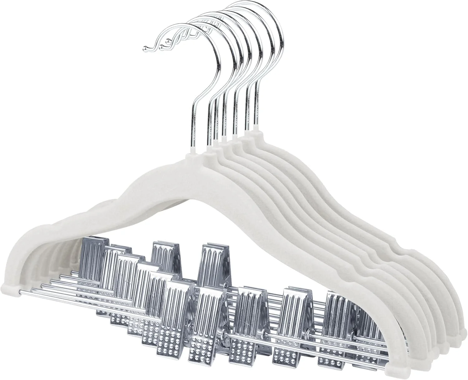 چوب لباسی مخملی کودک مانگوتری 30 سانتی متری با گیره های متحرک، چوب لباسی نمدی ضد لغزش کودک، چوب لباسی فوق العاده نازک صرفه جویی در فضا برای دامن، شلوار، لباس، پیراهن، ژاکت (سفید، بسته 7 عددی)