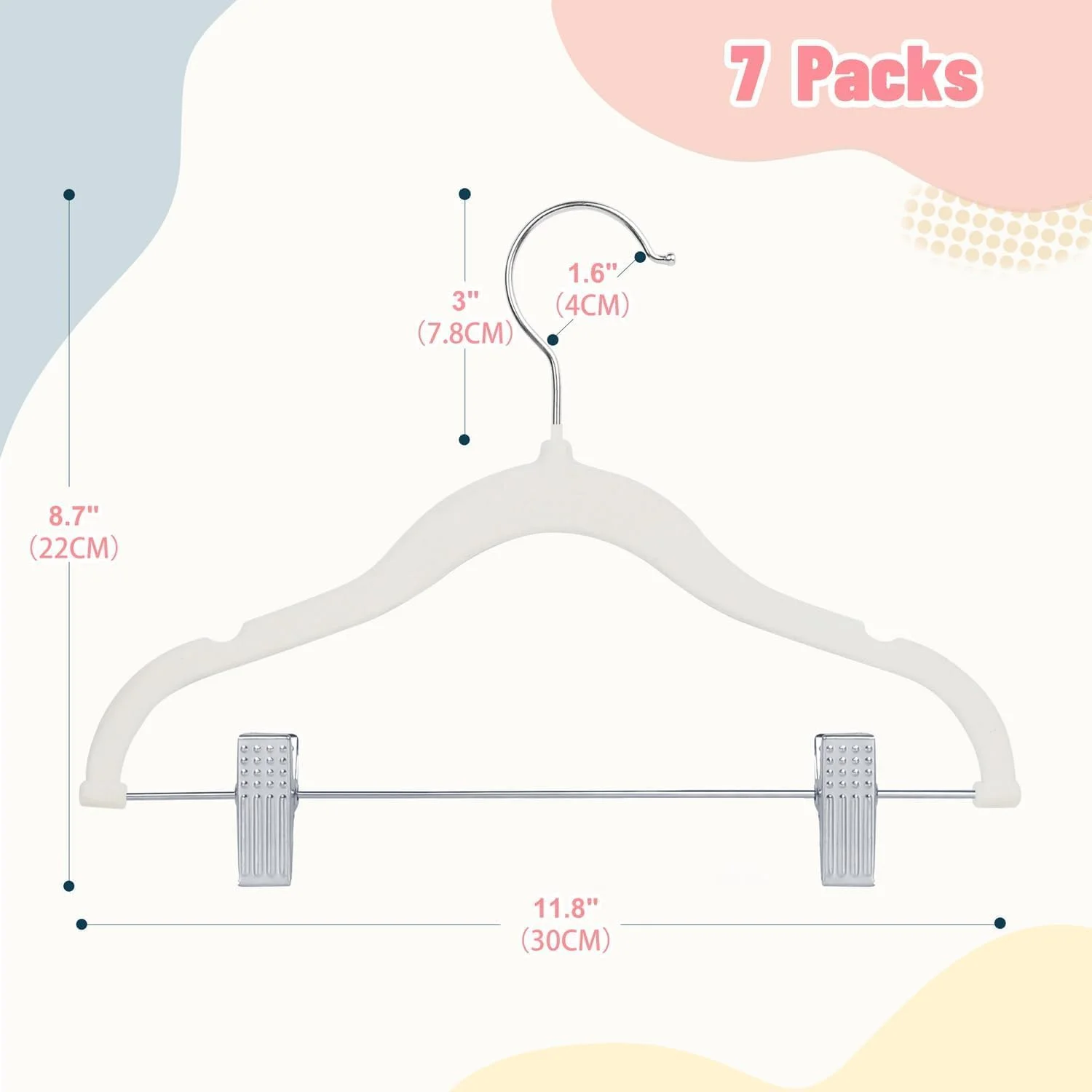 چوب لباسی مخملی کودک مانگوتری 30 سانتی متری با گیره های متحرک، چوب لباسی نمدی ضد لغزش کودک، چوب لباسی فوق العاده نازک صرفه جویی در فضا برای دامن، شلوار، لباس، پیراهن، ژاکت (سفید، بسته 7 عددی)