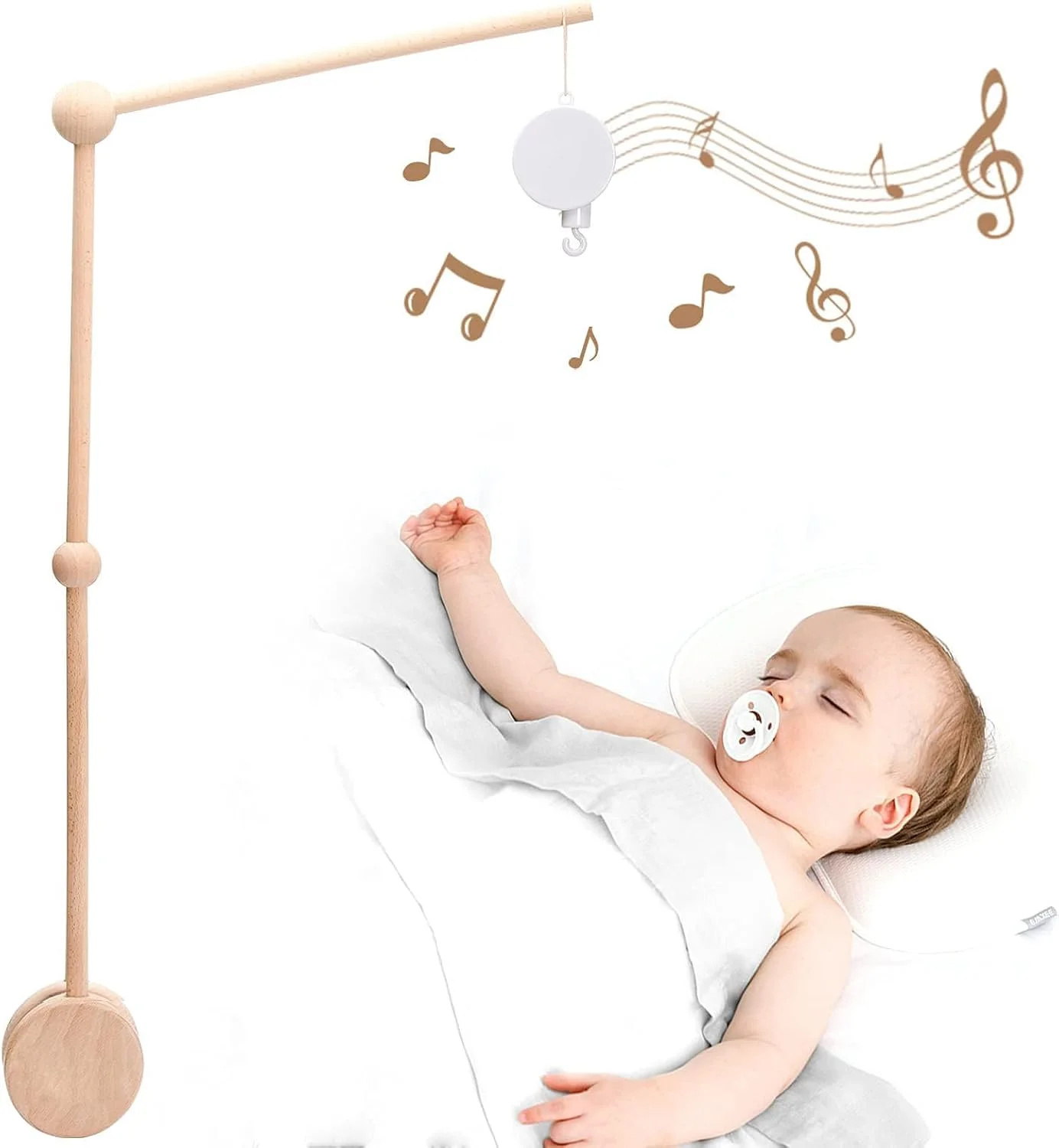 پایه بازویی چوبی آویز تخت نوزاد، 76 سانتی متر، چوب راش به همراه جعبه موزیکال چرخشی، دکوری برای اتاق کودک، امن و ضد لغزش
