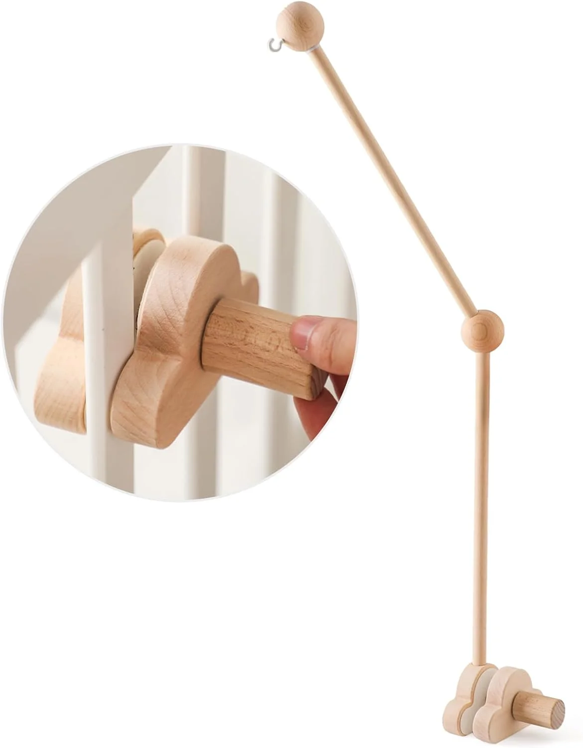 بازوی آویز تخت نوزاد اوسوف، آویز چوبی قابل تنظیم 70 سانتی‌متری، طرح ابر سفید، نگهدارنده آویز بالای تخت نوزاد (چوبی)