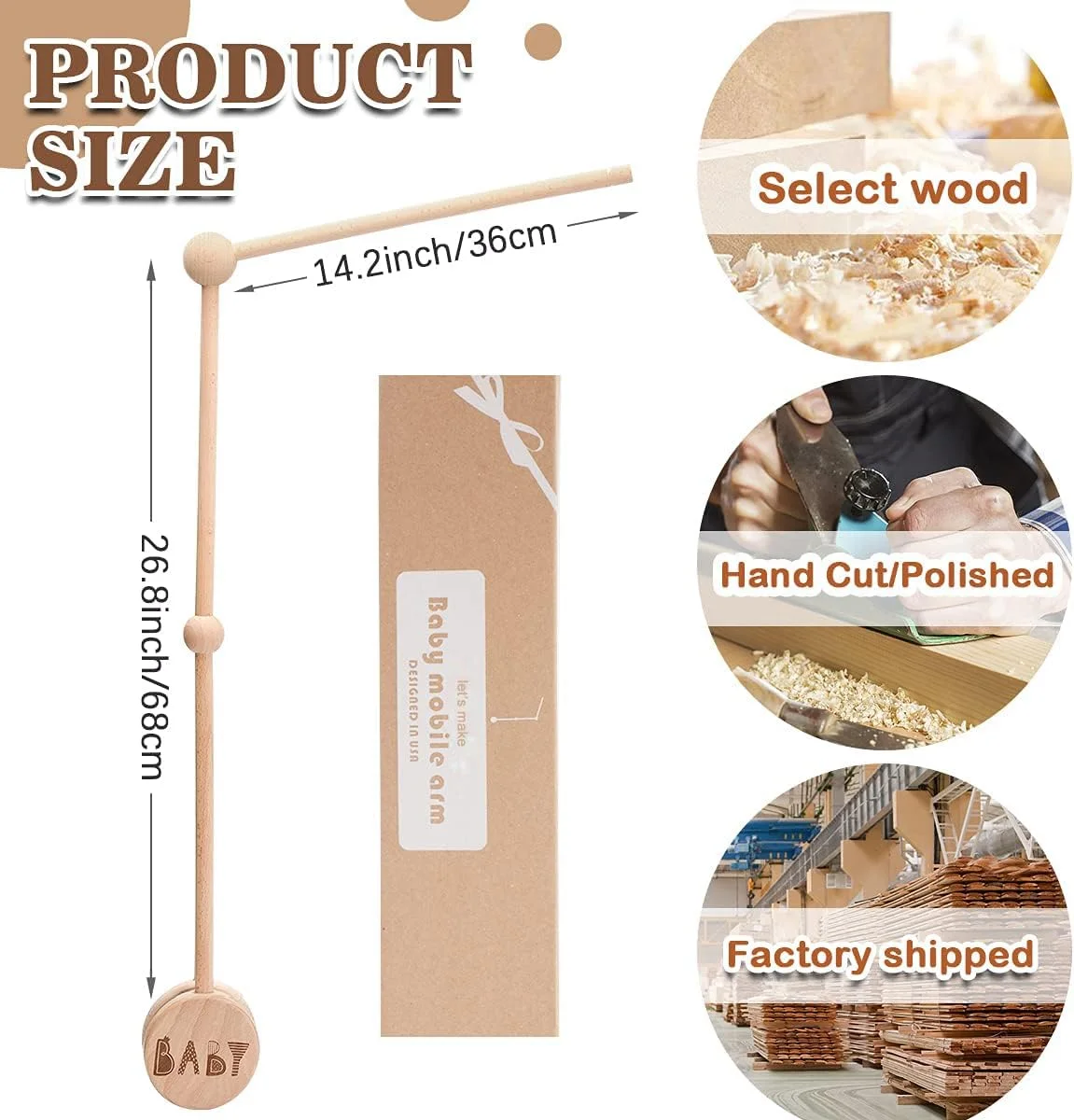 پایه بازویی چوبی آویز تخت نوزاد، 76 سانتی متر، چوب راش به همراه جعبه موزیکال چرخشی، دکوری برای اتاق کودک، امن و ضد لغزش