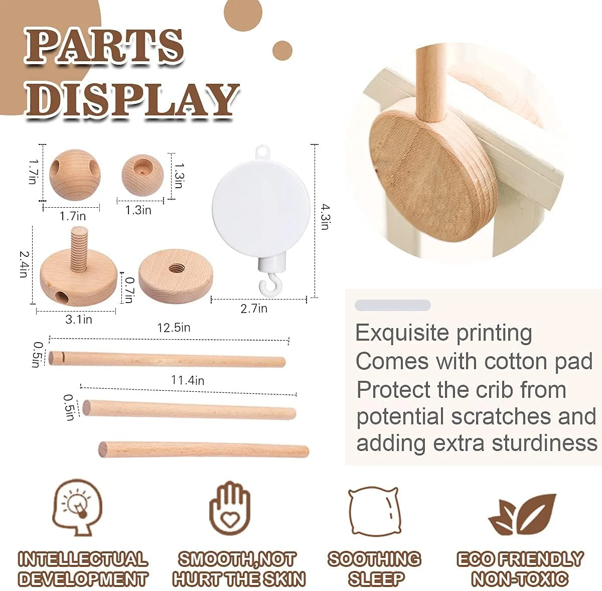 پایه بازویی چوبی آویز تخت نوزاد، 76 سانتی متر، چوب راش به همراه جعبه موزیکال چرخشی، دکوری برای اتاق کودک، امن و ضد لغزش