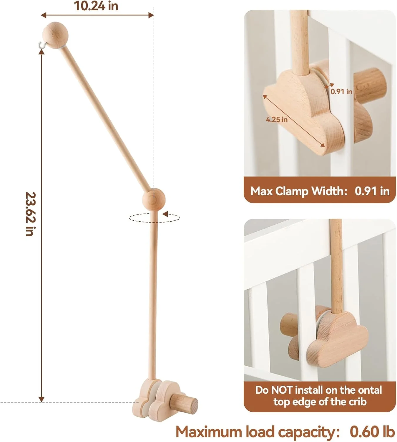 بازوی آویز تخت نوزاد اوسوف، آویز چوبی قابل تنظیم 70 سانتی‌متری، طرح ابر سفید، نگهدارنده آویز بالای تخت نوزاد (چوبی)