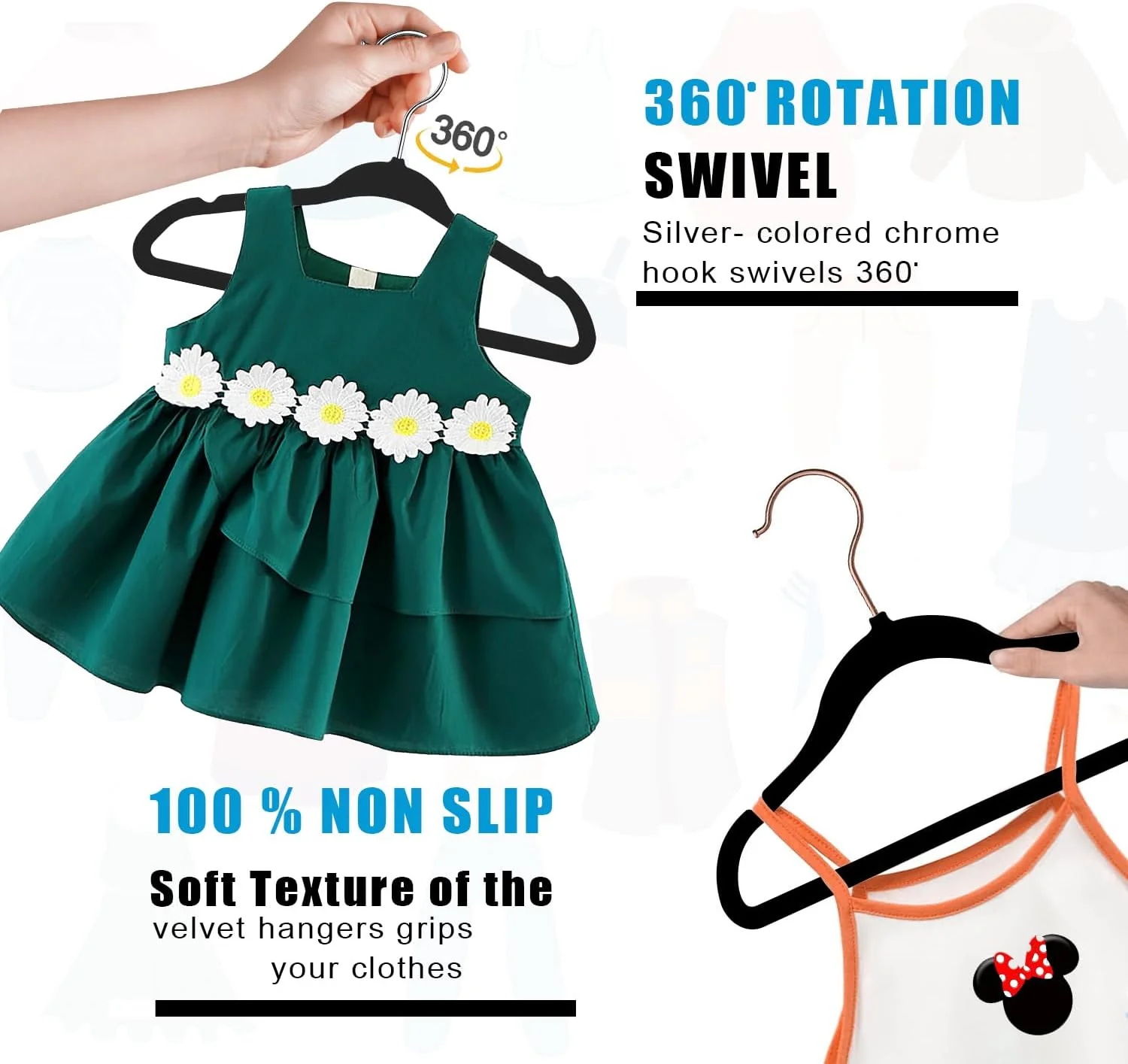 چوب لباسی مخملی کودک GVTECH، [بسته 50 عددی] چوب لباسی بادوام لباس کودک برای کمد - چوب لباسی عالی برای نوزاد، کودک نوپا و بچه ها برای استفاده روزمره، قلاب های 360 درجه ضد لغزش برای پیراهن، شلوار (بسته 50 عددی، مشکی)