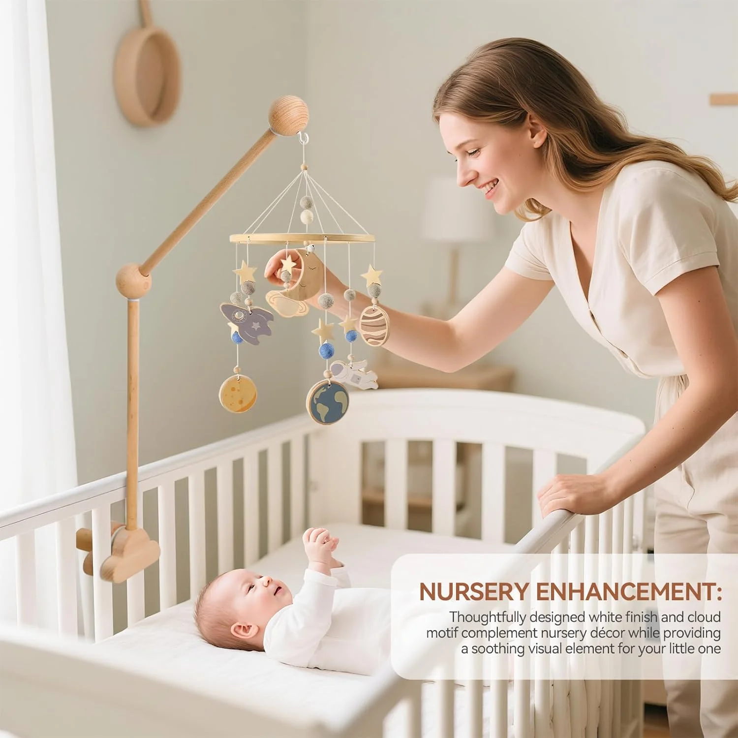 بازوی آویز تخت نوزاد اوسوف، آویز چوبی قابل تنظیم 70 سانتی‌متری، طرح ابر سفید، نگهدارنده آویز بالای تخت نوزاد (چوبی)