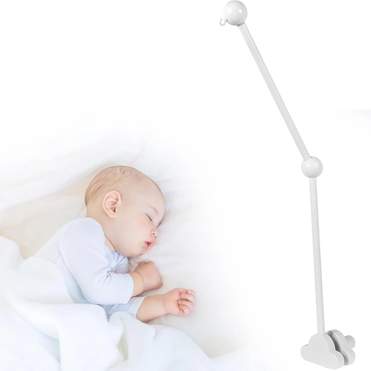 بازوی آویز موبایل تخت نوزاد 27 اینچی، نگهدارنده چوبی موبایل تخت، بازوی موبایل تخت با قابلیت تنظیم زاویه و ارتفاع، آویز موبایل تخت خواب کودک، آویز موبایل اتاق کودک - (فقط بازو - بدون موبایل) (سفید)