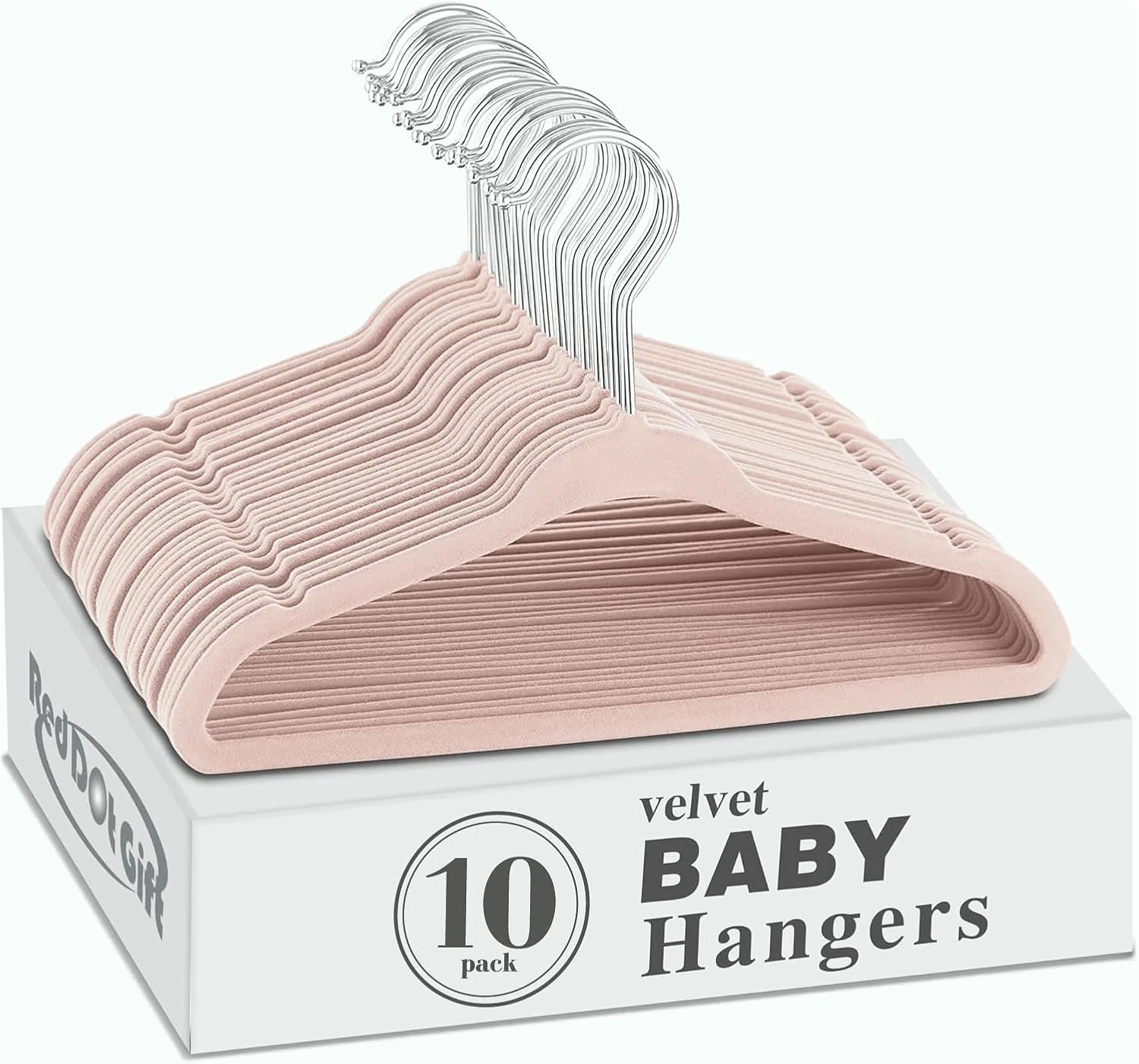 چوب لباسی مخملی بچه گانه Red Dot Gift بسته 10 عددی - چوب لباسی لباس کودک ضد لغزش، قلاب گردان کرومی 360 درجه (صورتی، 28 سانتی متر)