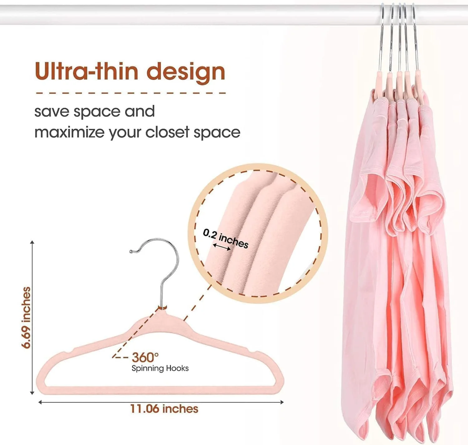 چوب لباسی مخملی بچه گانه Red Dot Gift بسته 10 عددی - چوب لباسی لباس کودک ضد لغزش، قلاب گردان کرومی 360 درجه (صورتی، 28 سانتی متر)