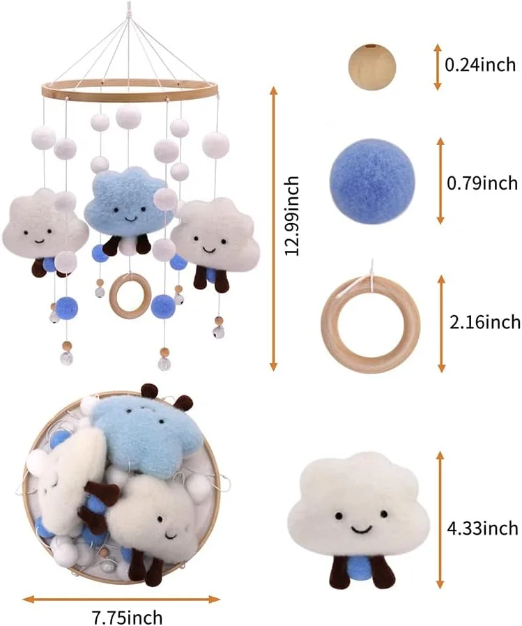 آویز تخت نوزاد، آویز بادی نوزاد با توپ نمدی، ابر سه بعدی چرخان 360 درجه، آویز تزئینی تخت کودک