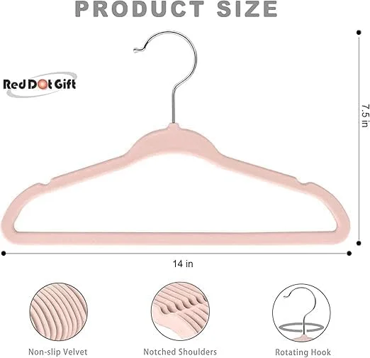 آویز لباس مخملی کودک بسته 10 عددی - آویز لباس کودک ضد لغزش با قلاب چرخان کرومی 360 درجه (صورتی، 35 سانتی متر)