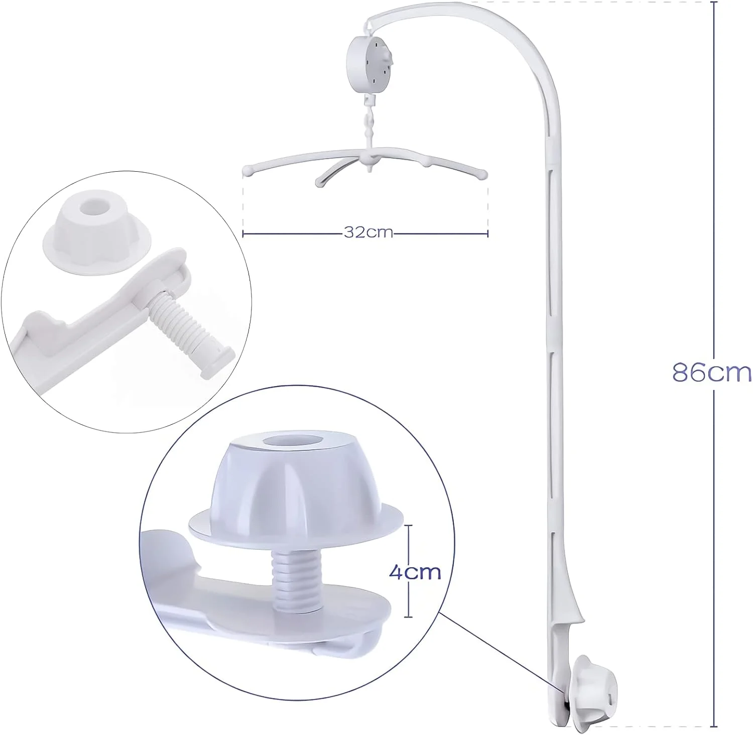 پایه آویز تخت نوزاد با قابلیت تنظیم ارتفاع 86 سانتی‌متری، پایه نگهدارنده جعبه موزیکال تخت نوزاد، بازوی آویز تزئینی چرخان، مجموعه میله تخت نوزاد با پیچ و مهره