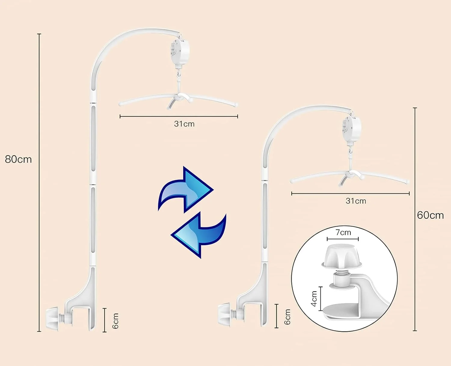 پایه آویز تخت نوزاد 84 سانتی‌متری به همراه جعبه موزیکال چرخشی، پایه قابل تنظیم تخت نوزاد به همراه پیچ و مهره، مناسب برای آویز وسایل تزیینی