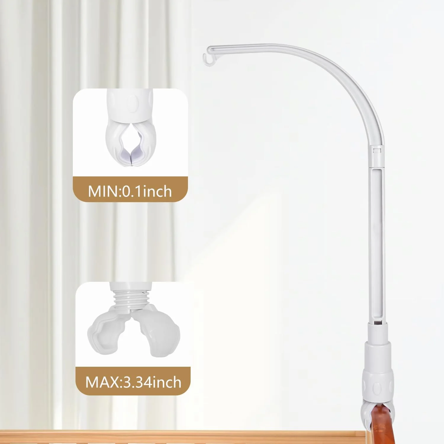 پایه بازویی نگهدارنده موبایل تخت نوزاد 60 سانتی متری، قسمت چنگکی با قابلیت تنظیم عرض