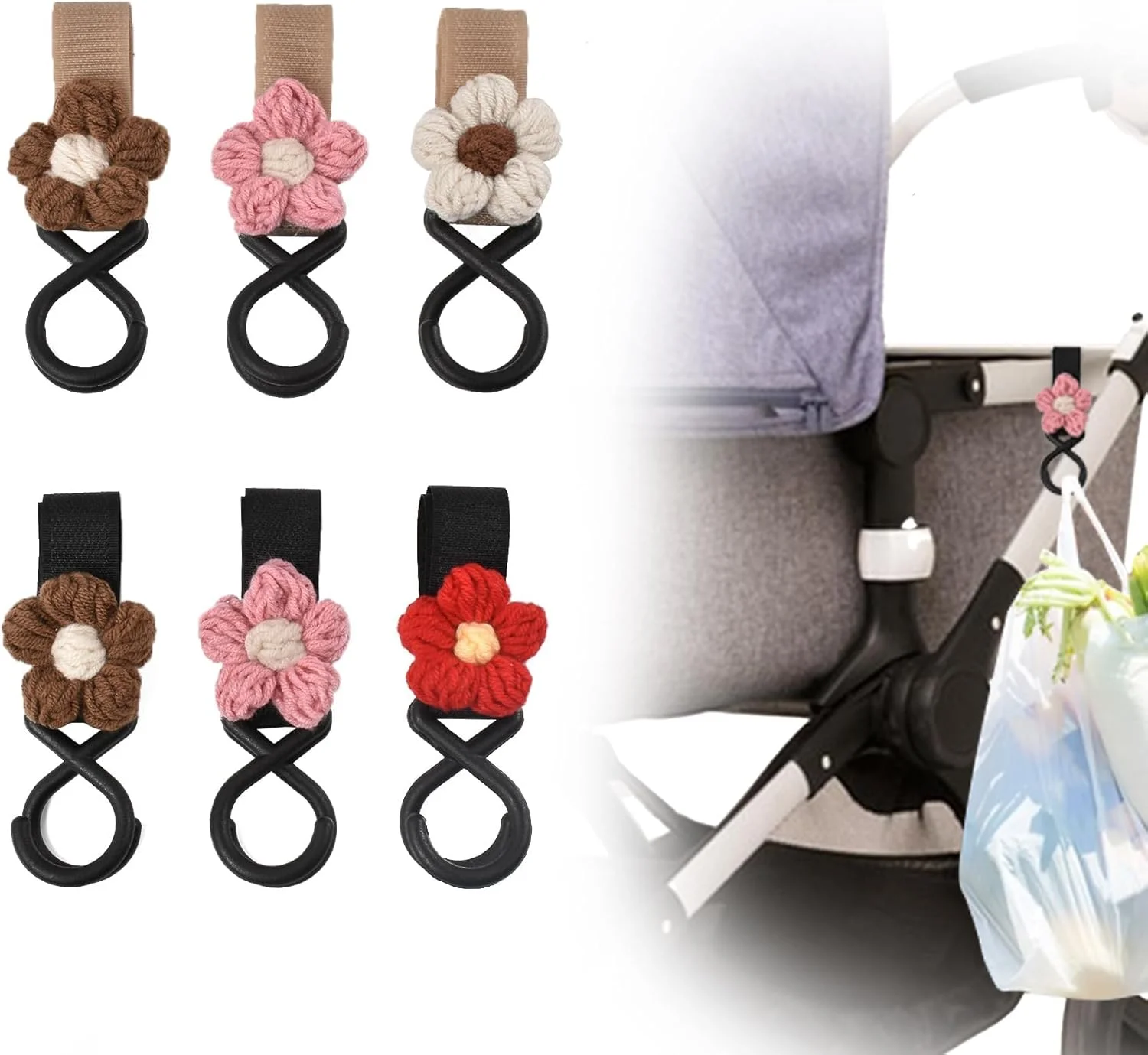 ست 6 عددی قلاب کالسکه طرح گل - قلاب های چسبی جادویی با ظرفیت بالا برای کالسکه نوزاد، ویلچر و سبد خرید | سازمان دهنده آویز چند منظوره (رنگ های پاستیلی)