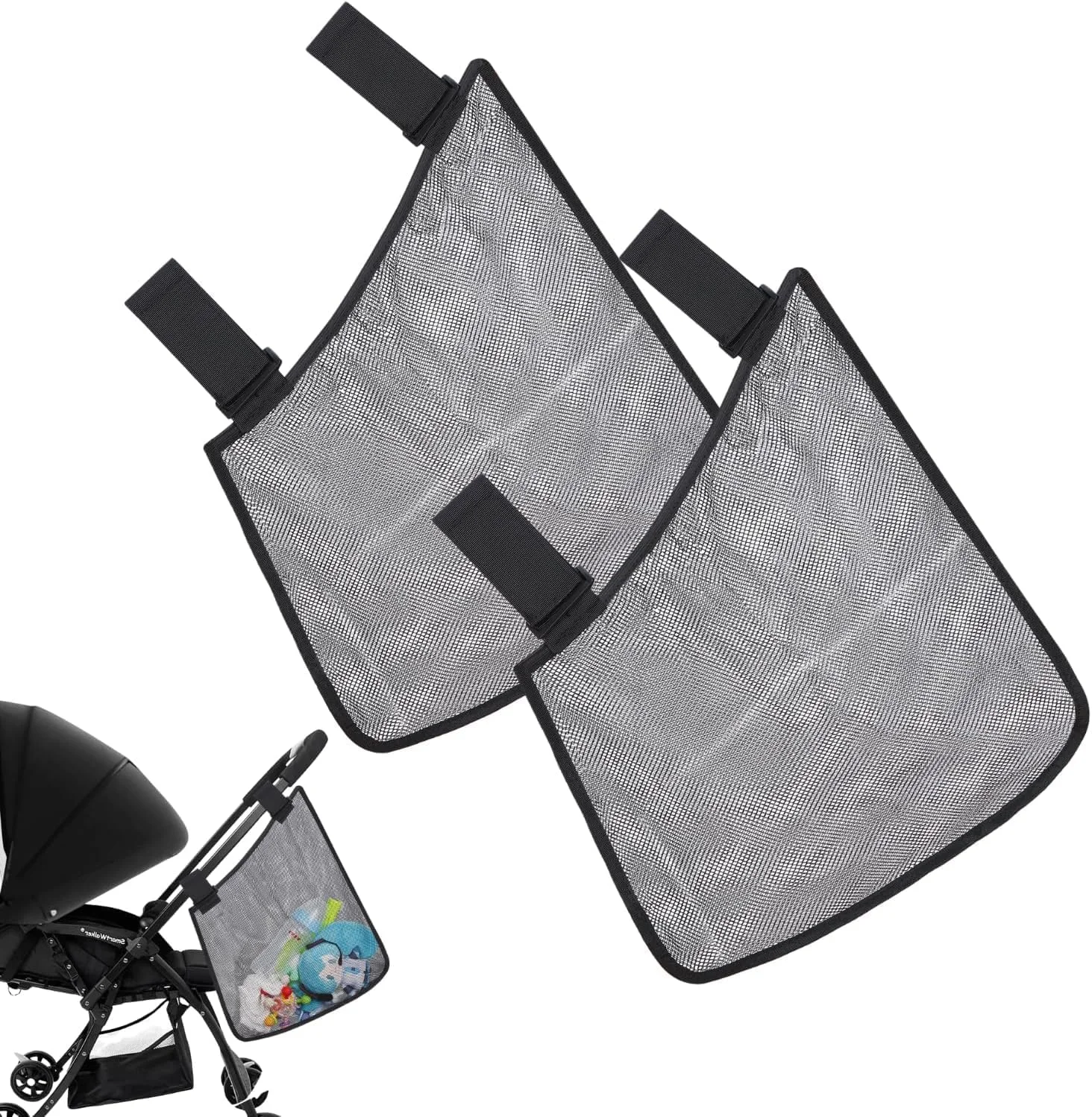 ست 2 عددی کیف آویز کالسکه کودک جهانی قابل حمل NALACAL، سازمان دهنده توری چند منظوره برای غذا، اسباب بازی و لوازم جانبی، آویز جانبی کالسکه ضد لغزش، مشکی