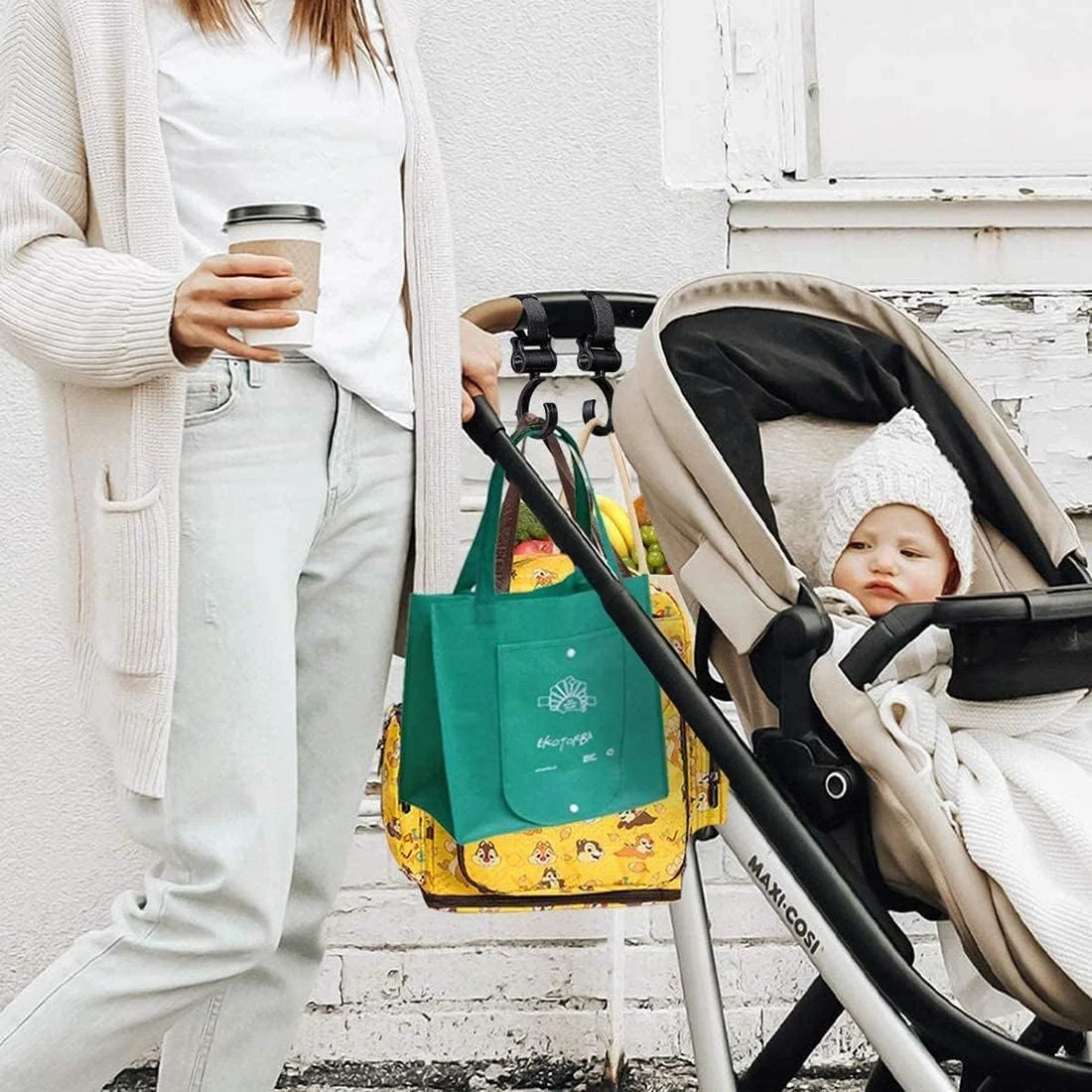 گیره های کالسکه SYOSI برای آویزان کردن کیف های خرید، کیف دستی یا ساک لوازم کودک به کالسکه، مشکی، بسته 4 عددی