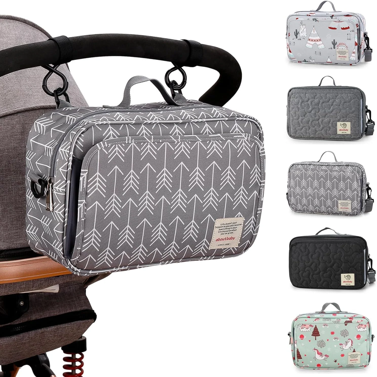کیف لوازم کودک برای کالسکه، ضد آب، جهانی، لوازم جانبی کالسکه با بند شانه قابل تنظیم و قلاب، کیف قابل حمل، ظرفیت بزرگ برای پوشک، اسباب بازی و تلفن همراه (طرح پیکان)