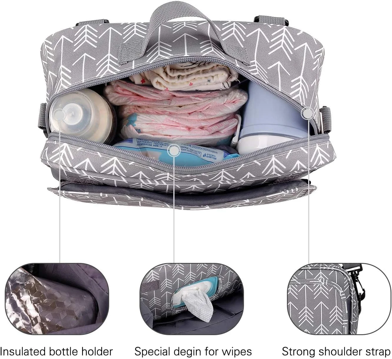 کیف لوازم کودک برای کالسکه، ضد آب، جهانی، لوازم جانبی کالسکه با بند شانه قابل تنظیم و قلاب، کیف قابل حمل، ظرفیت بزرگ برای پوشک، اسباب بازی و تلفن همراه (طرح پیکان)