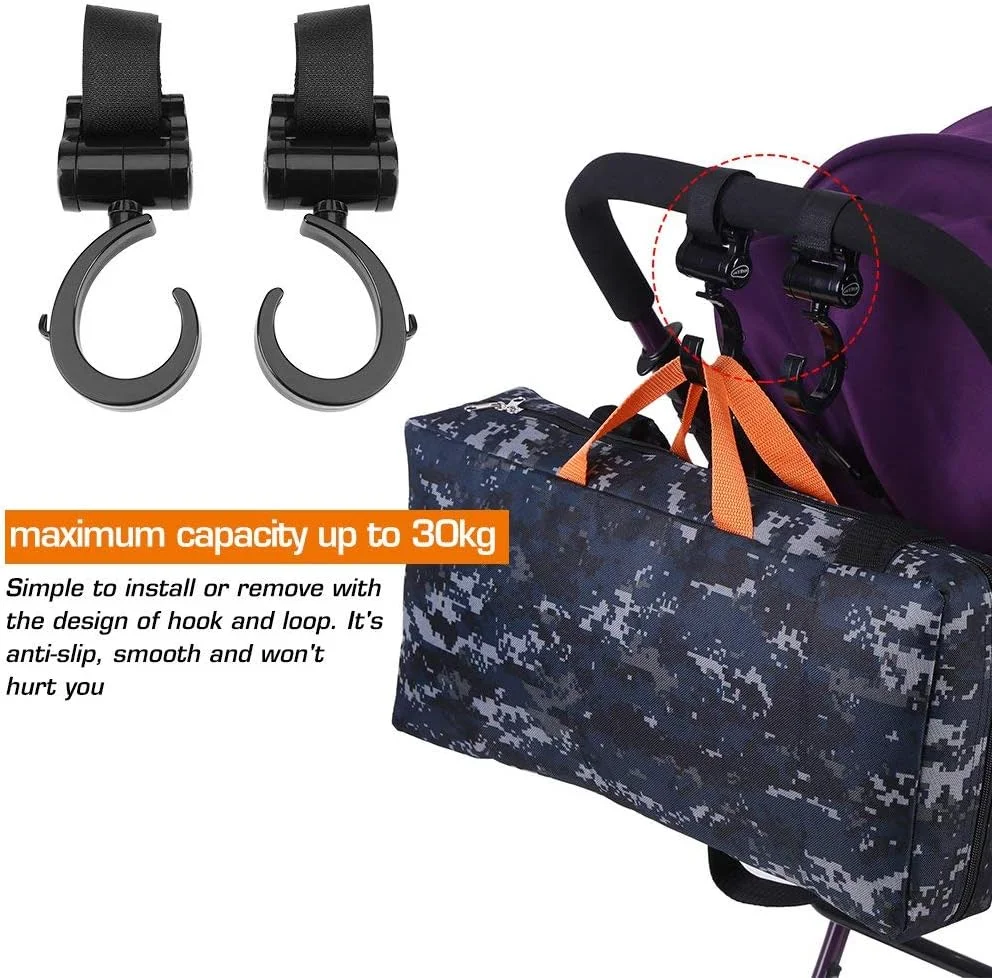 آویز کالسکه، بسته 4 عددی با چرخش 360 درجه، لوازم جانبی آویز کالسکه نوزاد برای مادر و پدر هنگام پیاده روی یا خرید، حداکثر ظرفیت 30 کیلوگرم