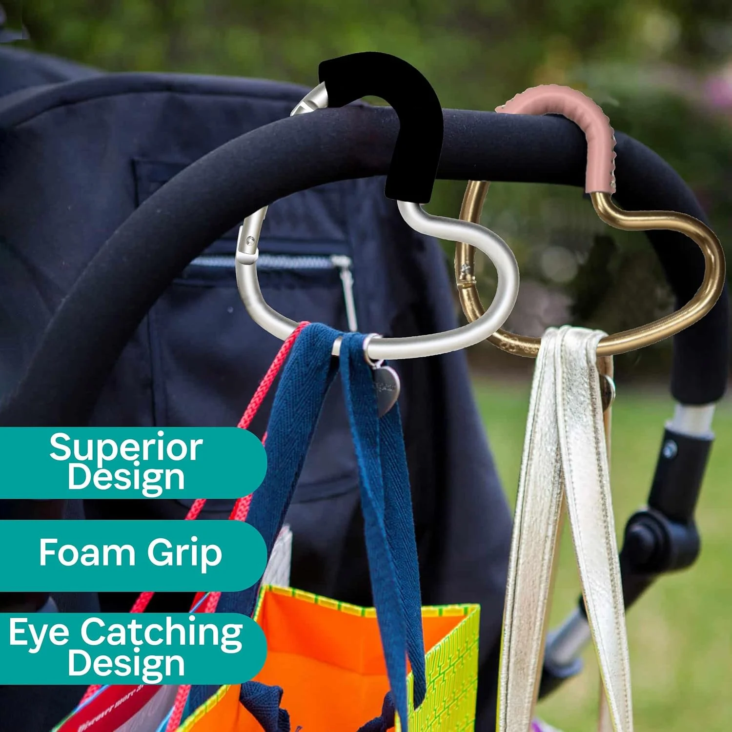 آویز کیف لوازم کودک با طرح قلب باگی گیر - گیره آویز کیف دستی و ساک لوازم کودک، کارابین بزرگ، مشکی/نقره ای