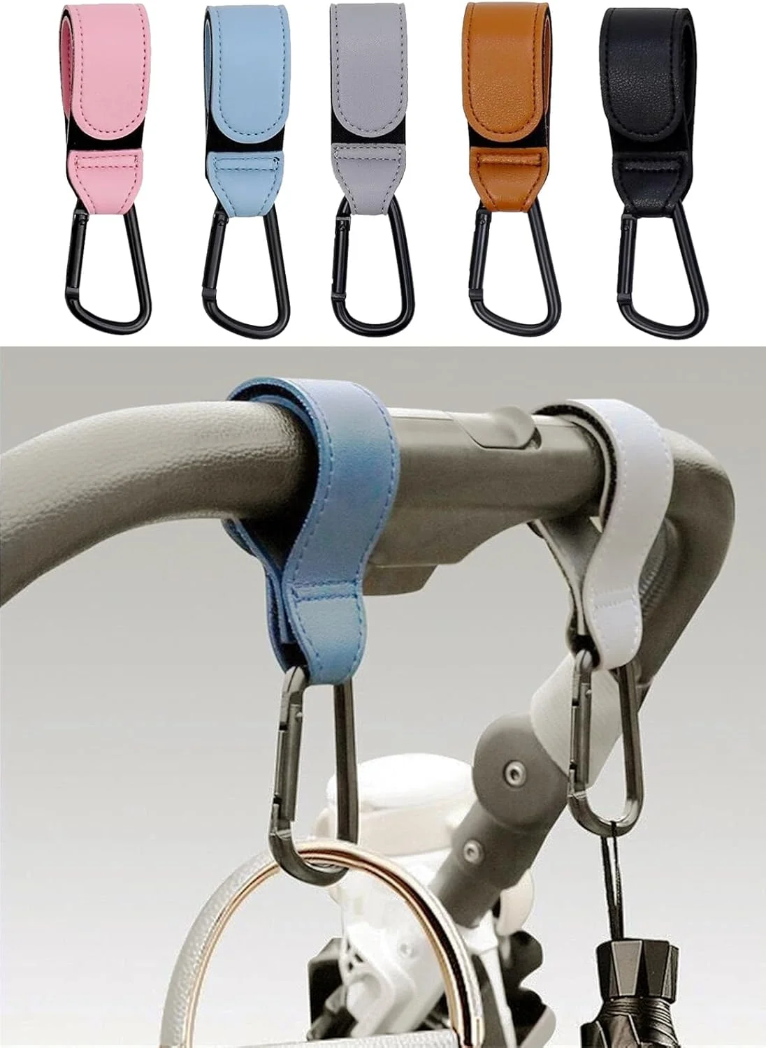 گیره های کالسکه کودک 5 عددی برای آویزان کردن، لوازم جانبی گیره های کالسکه جهانی، قلاب برای کیف پوشک، سبد خرید، کیف دستی، کوله پشتی، آویز چرمی PU قابل تنظیم