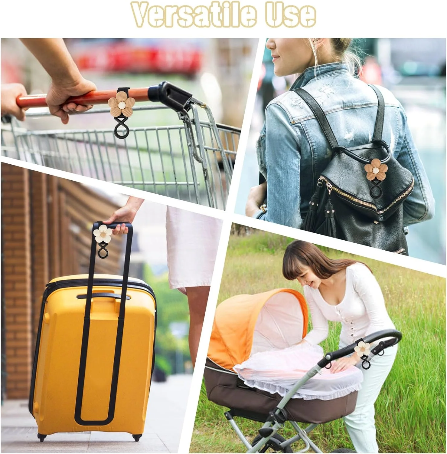 دو عدد قلاب کالسکه کودک طرح گل، گیره های چند منظوره برای آویزان کردن کیف لوازم کودک، لوازم جانبی واگن کودک، قلاب مادر برای کالسکه، ویلچر، خرید و چرخ دستی حیوانات خانگی (بژ)