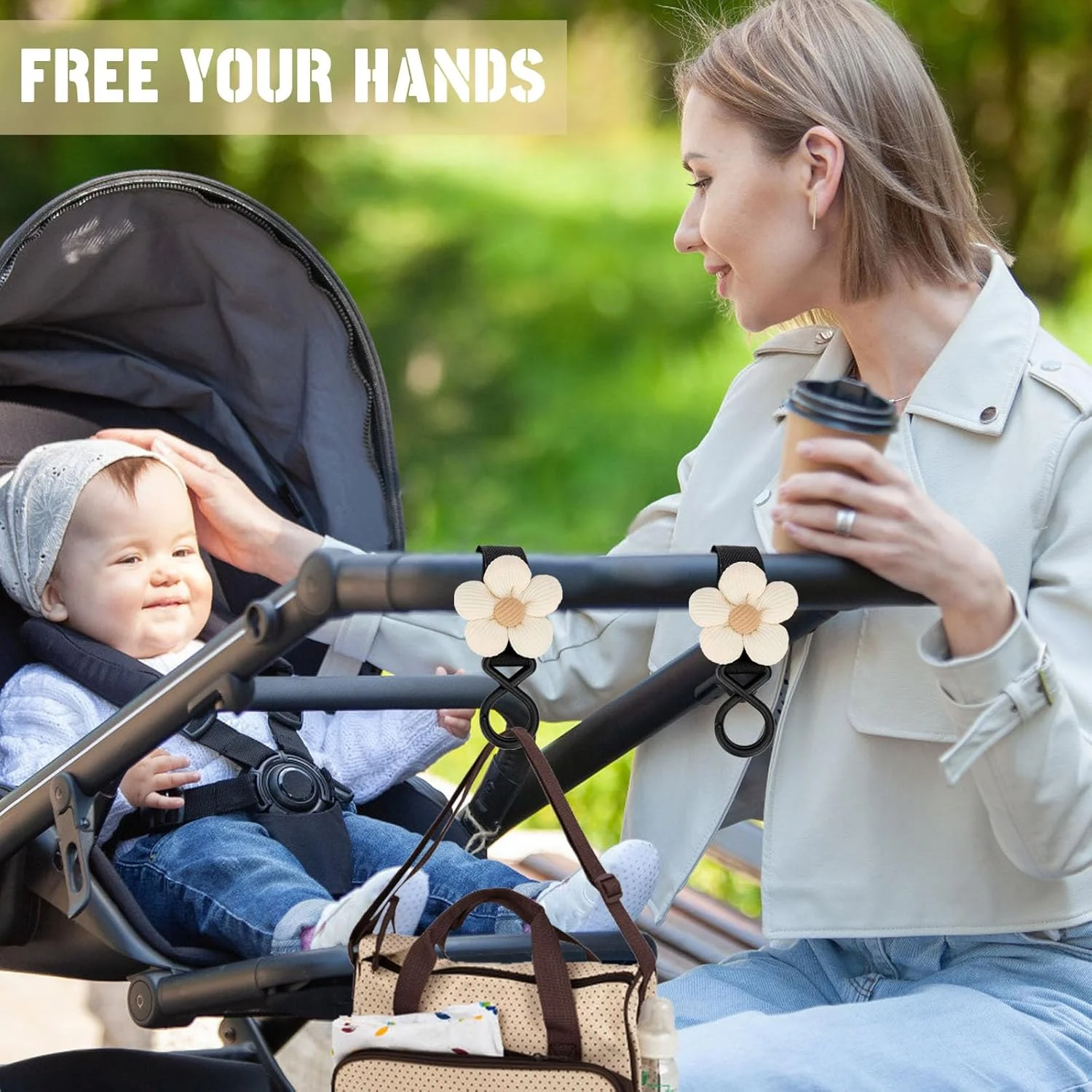 دو عدد قلاب کالسکه کودک طرح گل، گیره های چند منظوره برای آویزان کردن کیف لوازم کودک، لوازم جانبی واگن کودک، قلاب مادر برای کالسکه، ویلچر، خرید و چرخ دستی حیوانات خانگی (بژ)