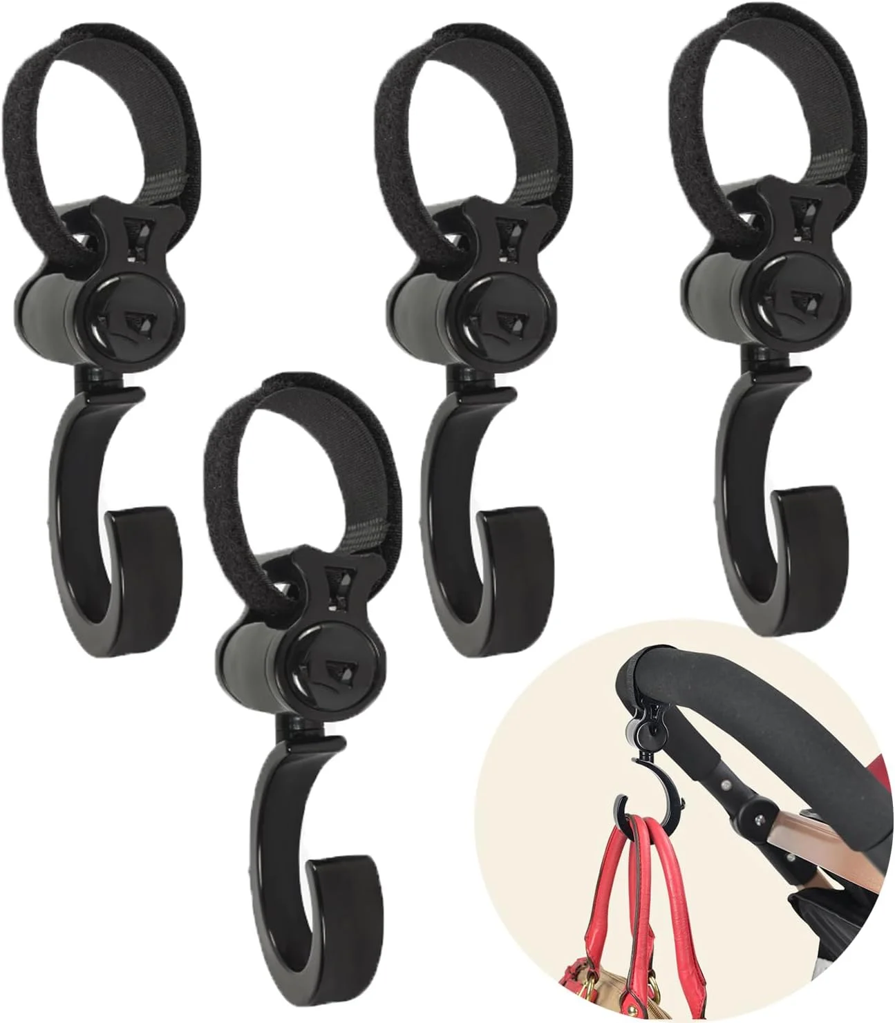 4 عدد قلاب کالسکه، قلاب آویز ویلچر واکر، قلاب کالسکه بچه با چرخش 360 درجه، آویز کیف پوشک، سازمان دهنده کیف دستی، لوازم جانبی کالسکه ویلچر واکر.