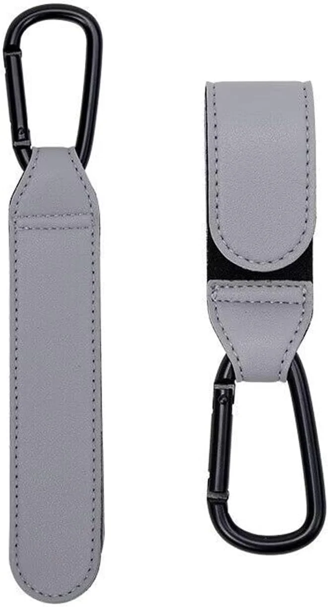 قلاب آویز کالسکه کودک، 2 عدد بند چرمی بادوام کالسکه، گیره های کالسکه برای کیف پوشک، سبد خرید حیوانات خانگی، کیف خرید مواد غذایی، بندهای چرمی کالسکه، قلاب مادر برای کالسکه (خاکستری)