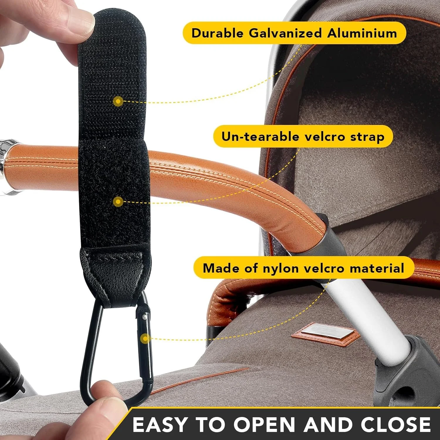 قلاب آویز کالسکه کودک، 2 عدد بند چرمی بادوام کالسکه، گیره های کالسکه برای کیف پوشک، سبد خرید حیوانات خانگی، کیف خرید مواد غذایی، بندهای چرمی کالسکه، قلاب مادر برای کالسکه (خاکستری)