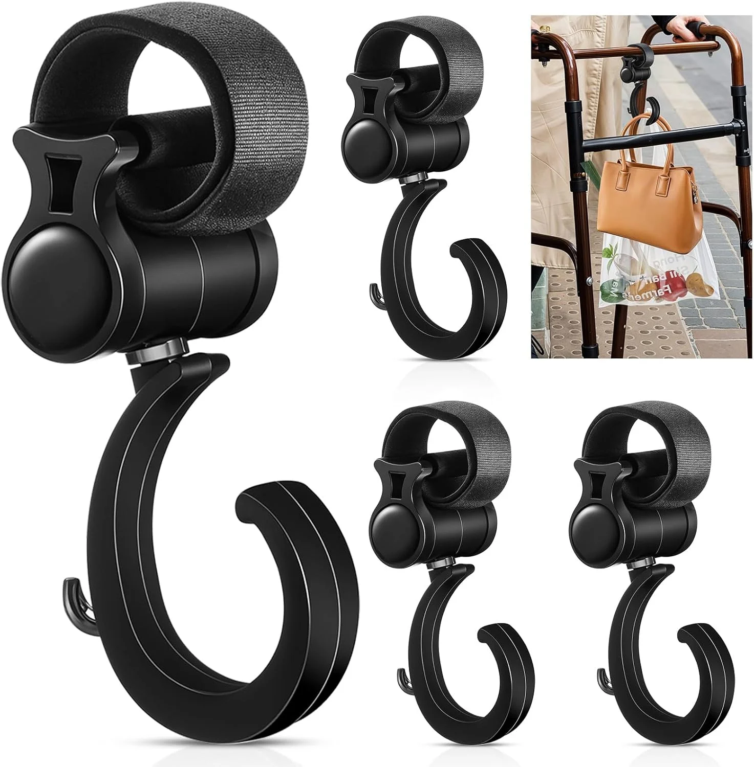 ست ۴ عددی قلاب آویز واکر، قلاب چرخشی ۳۶۰ درجه کالسکه، گیره آویز کالسکه کودک، آویز کیف پوشک، قلاب آویز چند منظوره ویلچر برای رولیتور، سبد خرید و پشت صندلی خودرو (مشکی)