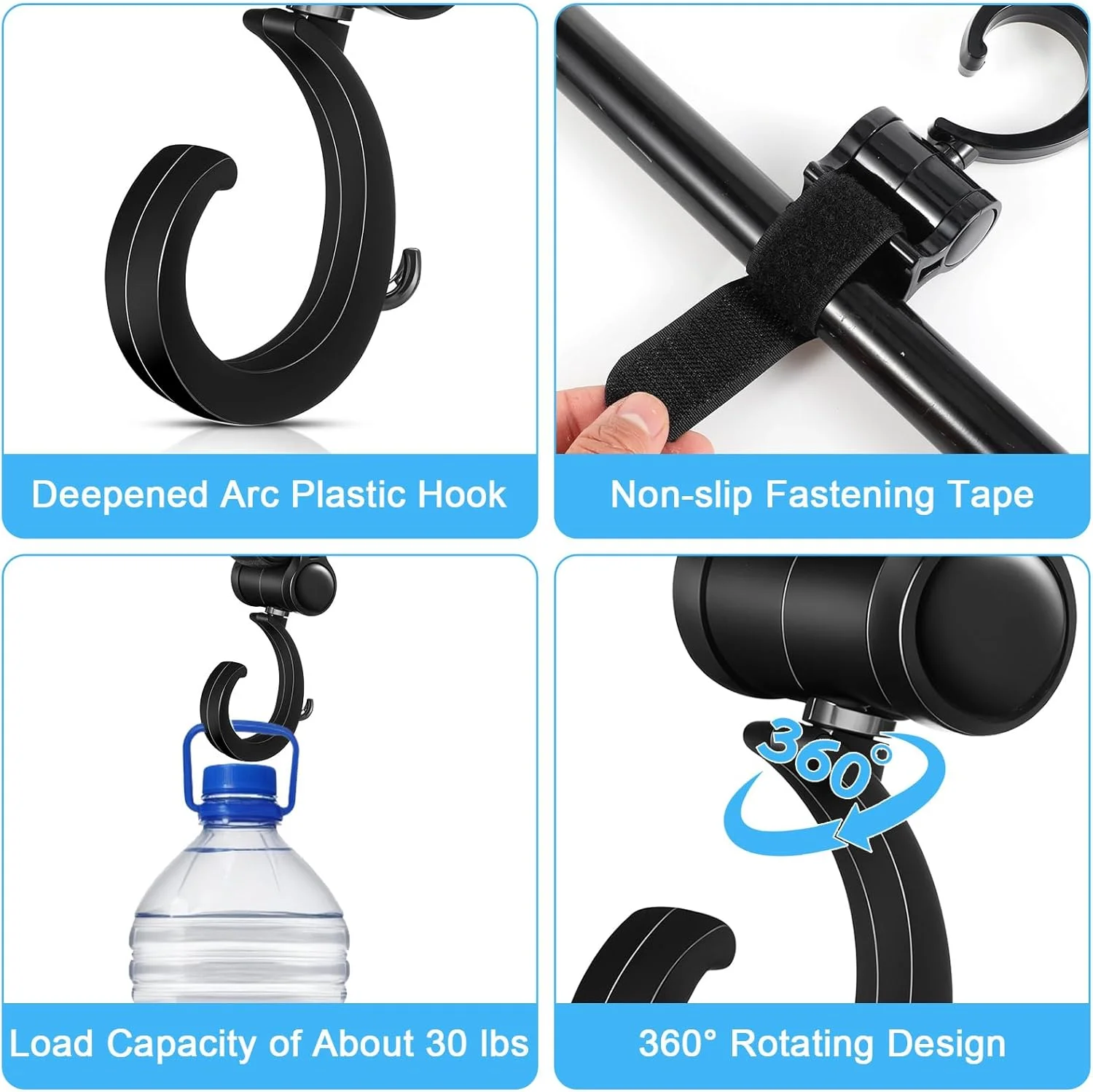 ست ۴ عددی قلاب آویز واکر، قلاب چرخشی ۳۶۰ درجه کالسکه، گیره آویز کالسکه کودک، آویز کیف پوشک، قلاب آویز چند منظوره ویلچر برای رولیتور، سبد خرید و پشت صندلی خودرو (مشکی)