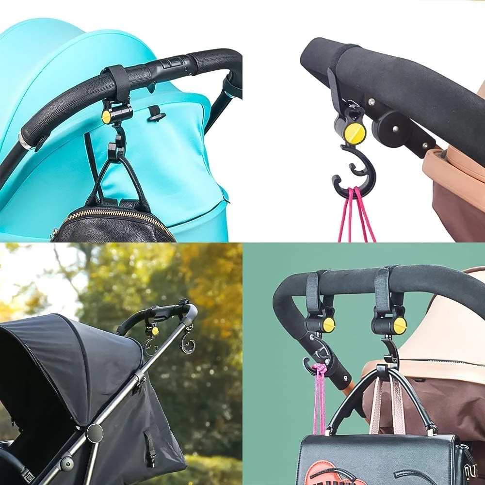 قلاب های کالسکه SYOSI، گیره های چرخشی چند منظوره کودک، آویز جهانی کالسکه برای آویزان کردن کیف های خرید و ساک دستی شما، 2 عدد