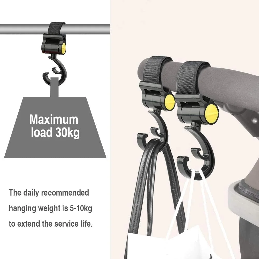 قلاب های کالسکه SYOSI، گیره های چرخشی چند منظوره کودک، آویز جهانی کالسکه برای آویزان کردن کیف های خرید و ساک دستی شما، 2 عدد