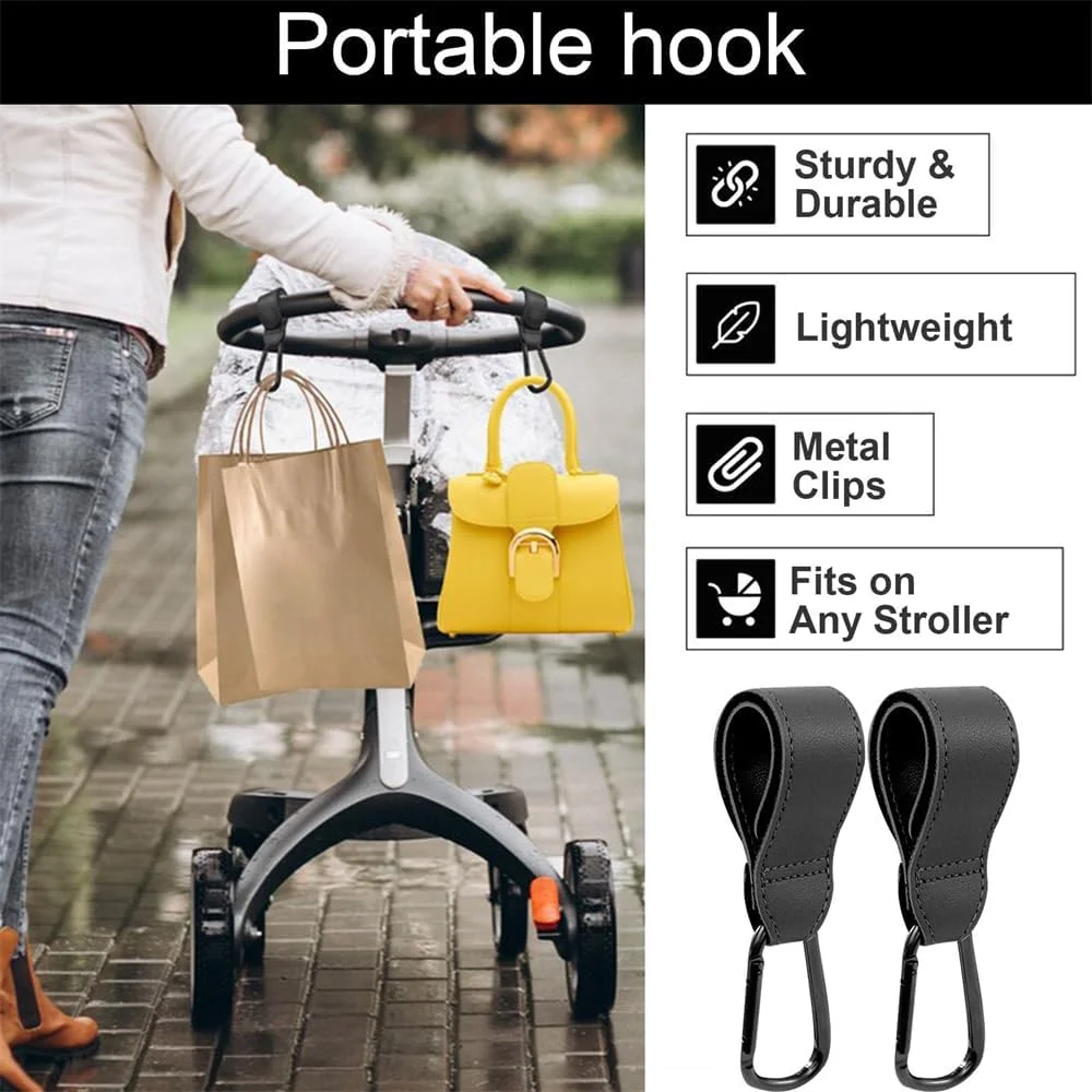 گیره های کالسکه کودک، گیره های کیف برای آویزان کردن کیف لوازم کودک، گیره های چند منظوره برای کیف های خرید مواد غذایی، گیره های کالسکه کودک، بندهای چرمی گیاهی ممتاز، لوازم جانبی کالسکه (2 عدد، مشکی)