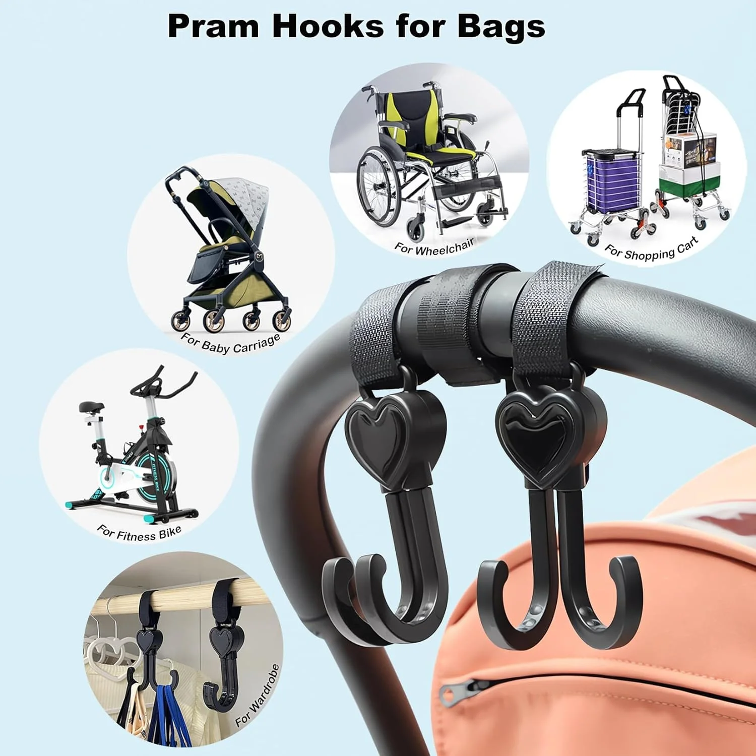 گیره های کالسکه NALACAL، قلاب های جهانی لوازم جانبی کالسکه کودک برای آویزان کردن کیف های خرید، کیف دستی، کیف لوازم نوزاد، سازمان دهنده قلاب های کالسکه برای کیف های تعویض نوزاد (بسته 6 عددی)