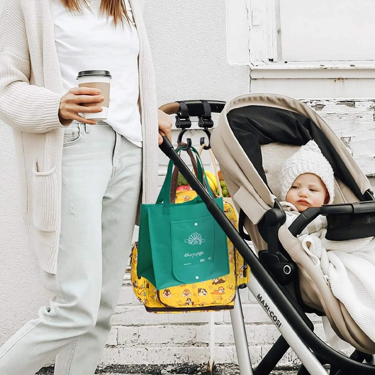 گیره آویز کالسکه کودک، گیره های جهانی کالسکه، گیره های کیف مادر برای آویزان کردن کیف لوازم کودک، کیف دستی، سازمان دهنده کالسکه، لوازم جانبی کالسکه (4 عدد)