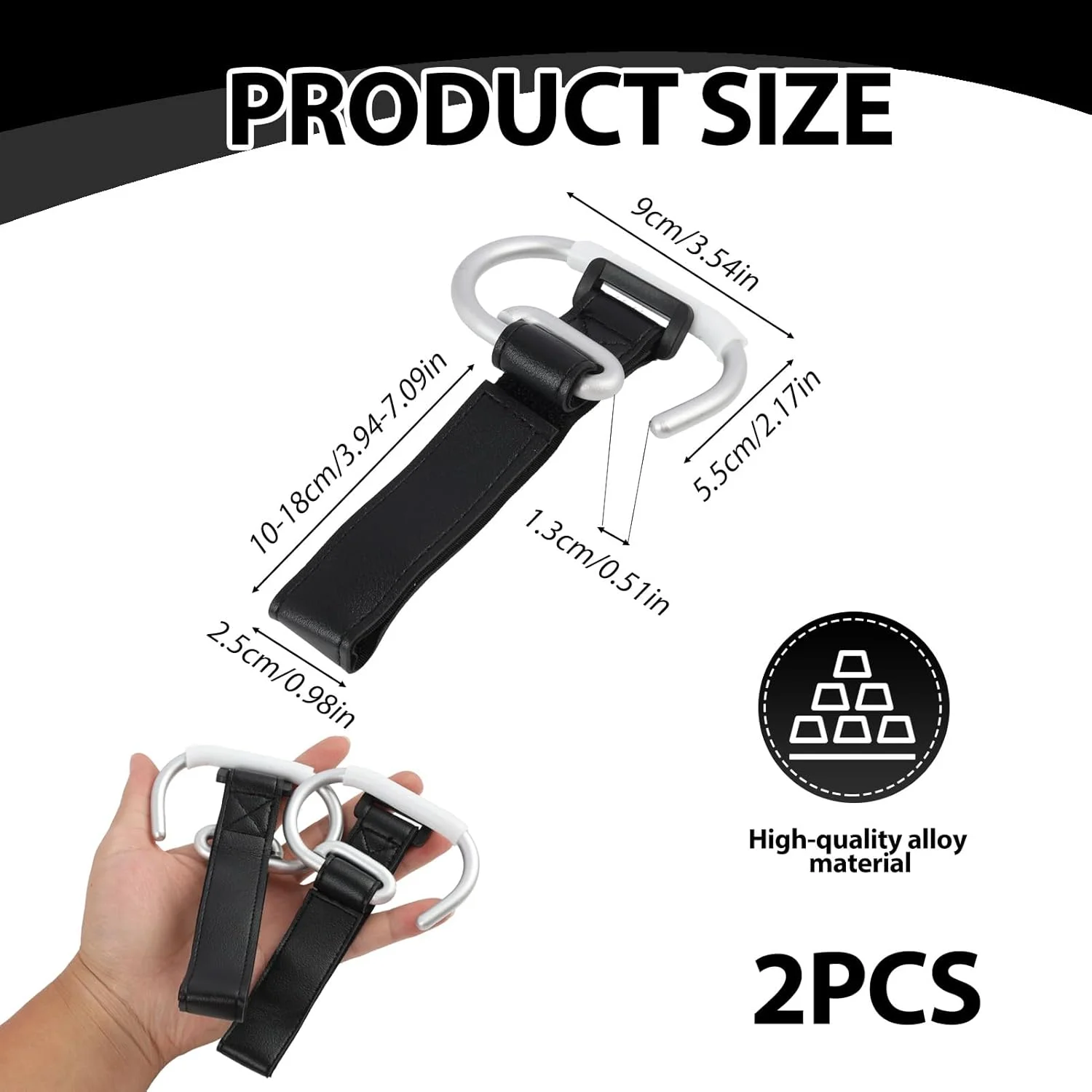 آویز کالسکه یلاجوی، بسته 2 عددی قلاب آلومینیومی سبک وزن با بندهای چسبی قابل تنظیم، نگهدارنده بادوام برای کالسکه کودک، کیف لوازم نوزاد، مسافرت و والدین در حال حرکت