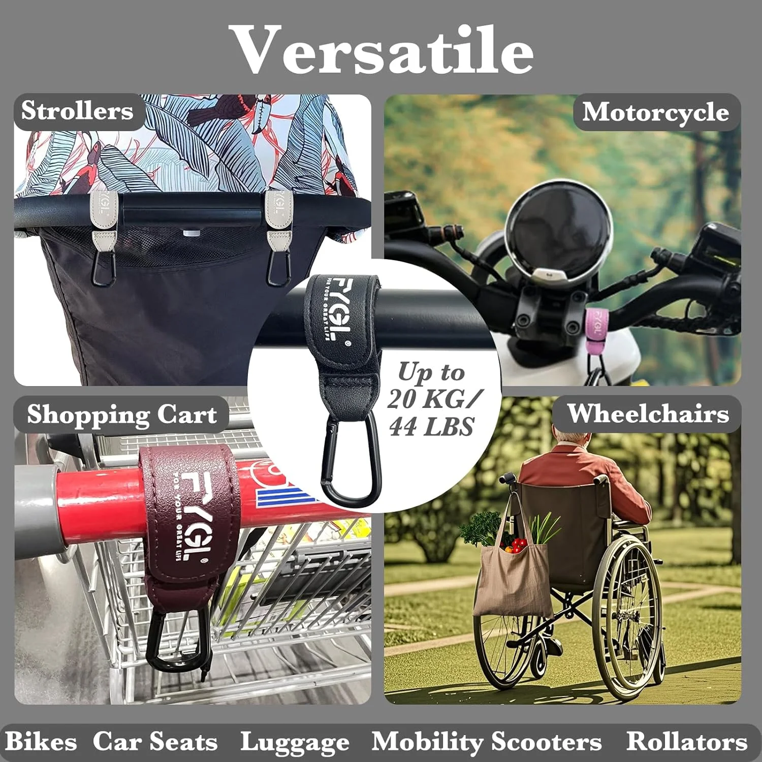 گیره های کالسکه - گیره های چرمی برای کالسکه بچه، گیره کارابین برای کیف ها، اتصال آسان برای کالسکه، گیره ها و قلاب های کالسکه جهانی، لوازم جانبی کالسکه - ماندی دارک (بسته 4 عددی)