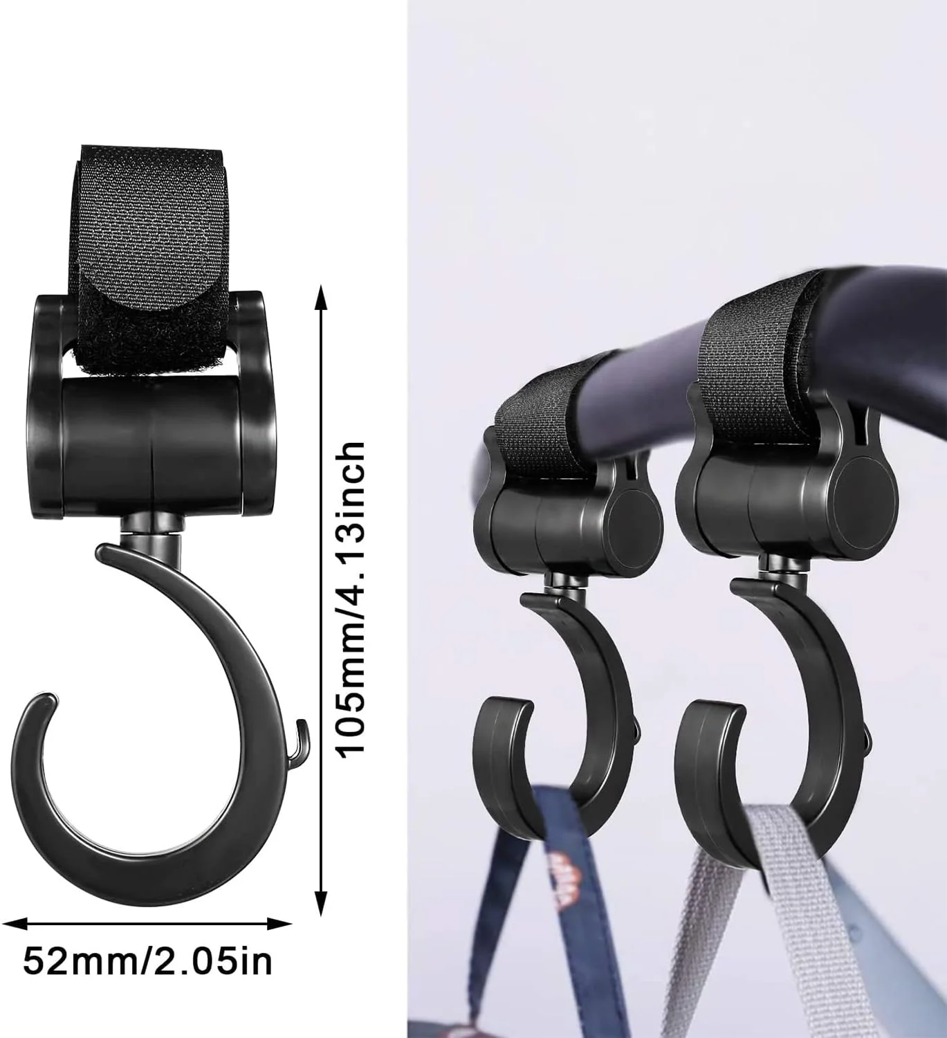 گیره های آویز کالسکه مومو بیر - بسته 2 عددی - گیره های کالسکه مشکی بزرگ و بادوام برای کیف لوازم مادر و کالسکه