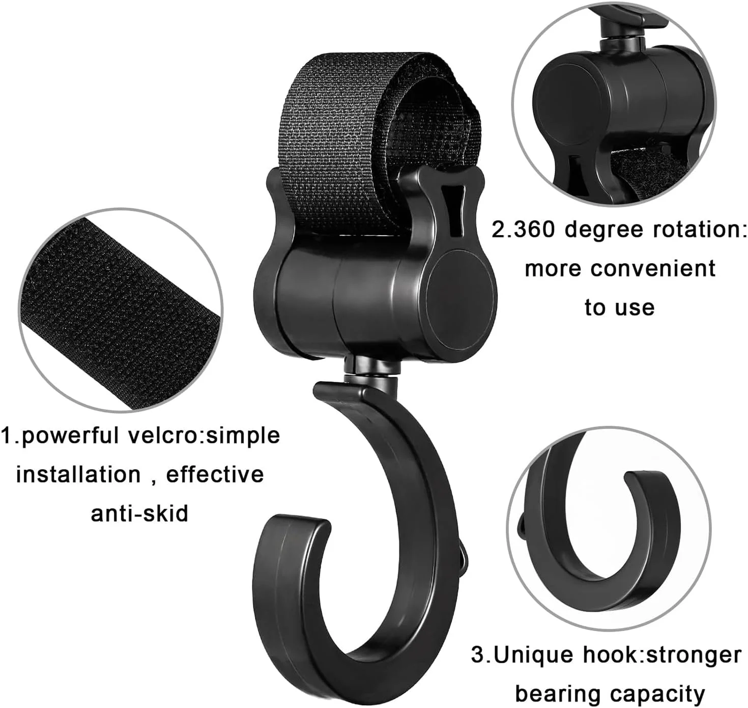 گیره های آویز کالسکه مومو بیر - بسته 2 عددی - گیره های کالسکه مشکی بزرگ و بادوام برای کیف لوازم مادر و کالسکه