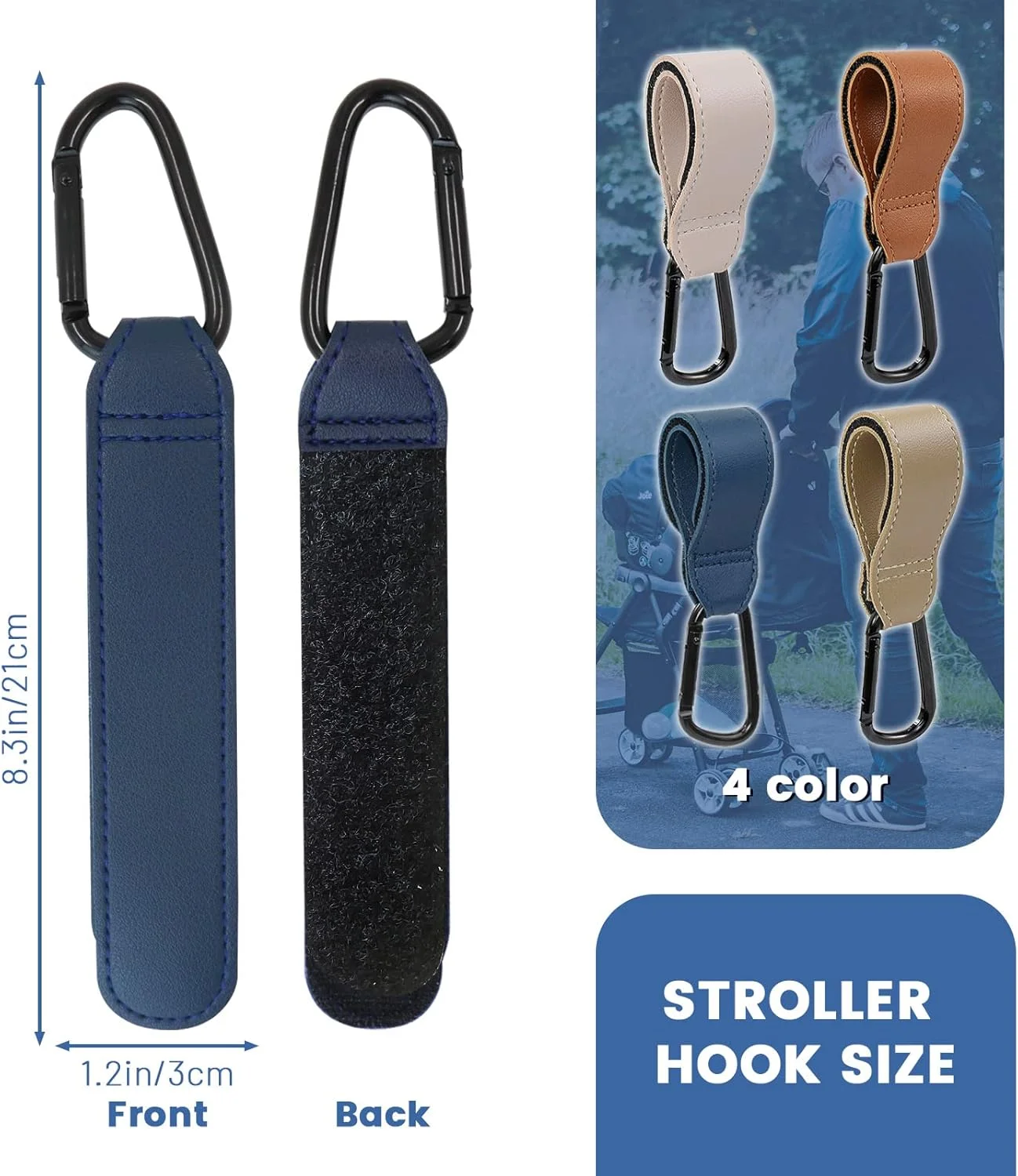 ست ۴ عددی قلاب آویز کالسکه، گیره های کالسکه چرمی PU مقاوم، قلاب های جهانی و واگن، قلاب های کالسکه کودک، آویز کالسکه برای ویلچر سبد خرید (آبی مدل B)