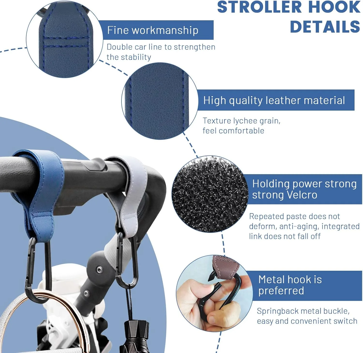 ست ۴ عددی قلاب آویز کالسکه، گیره های کالسکه چرمی PU مقاوم، قلاب های جهانی و واگن، قلاب های کالسکه کودک، آویز کالسکه برای ویلچر سبد خرید (آبی مدل B)