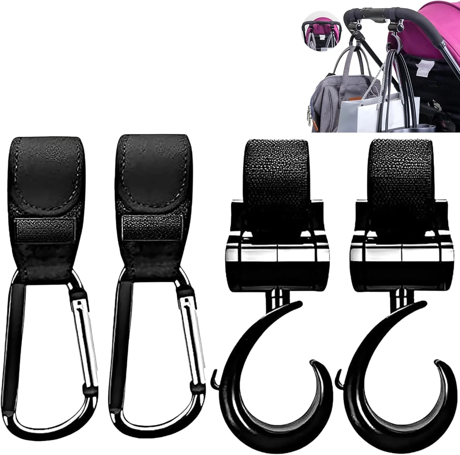 قلابهای کالسکه کودک بوزیبی برای آویزان کردن کیف لوازم کودک - ۴ عدد قلاب چرخشی ۳۶۰ درجه سنگین برای کیف خرید، کیف دستی، لباس، مواد غذایی و لوازم جانبی - ۲ عدد قلاب چرمی ممتاز + ۲ عدد فلزی محکم قلابهای کالسکه کودک بوزیبی برای آویزان کردن کیف لوازم کودک - ۴ عدد قلاب چرخشی ۳۶۰ درجه سنگین برای کیف خرید، کیف دستی، لباس، مواد غذایی و لوازم جانبی - ۲ عدد قلاب چرمی ممتاز + ۲ عدد فلزی محکم