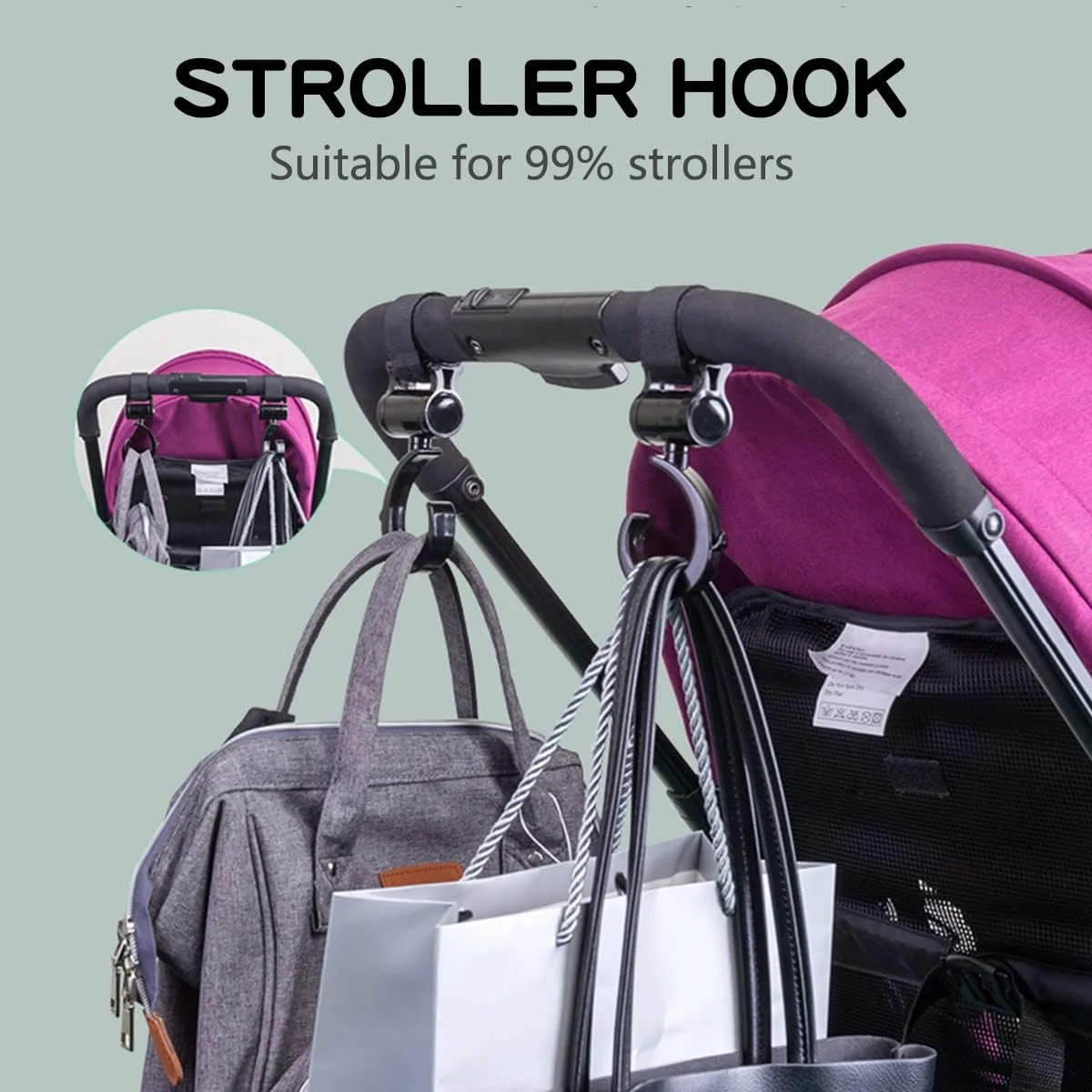2 عدد قلاب کالسکه بچه برای آویزان کردن کیف لوازم کودک، قلاب های چرخشی چند منظوره برای لوازم جانبی کالسکه، قلاب کیف مادر، مناسب برای واکر، ویلچر و چرخ خرید