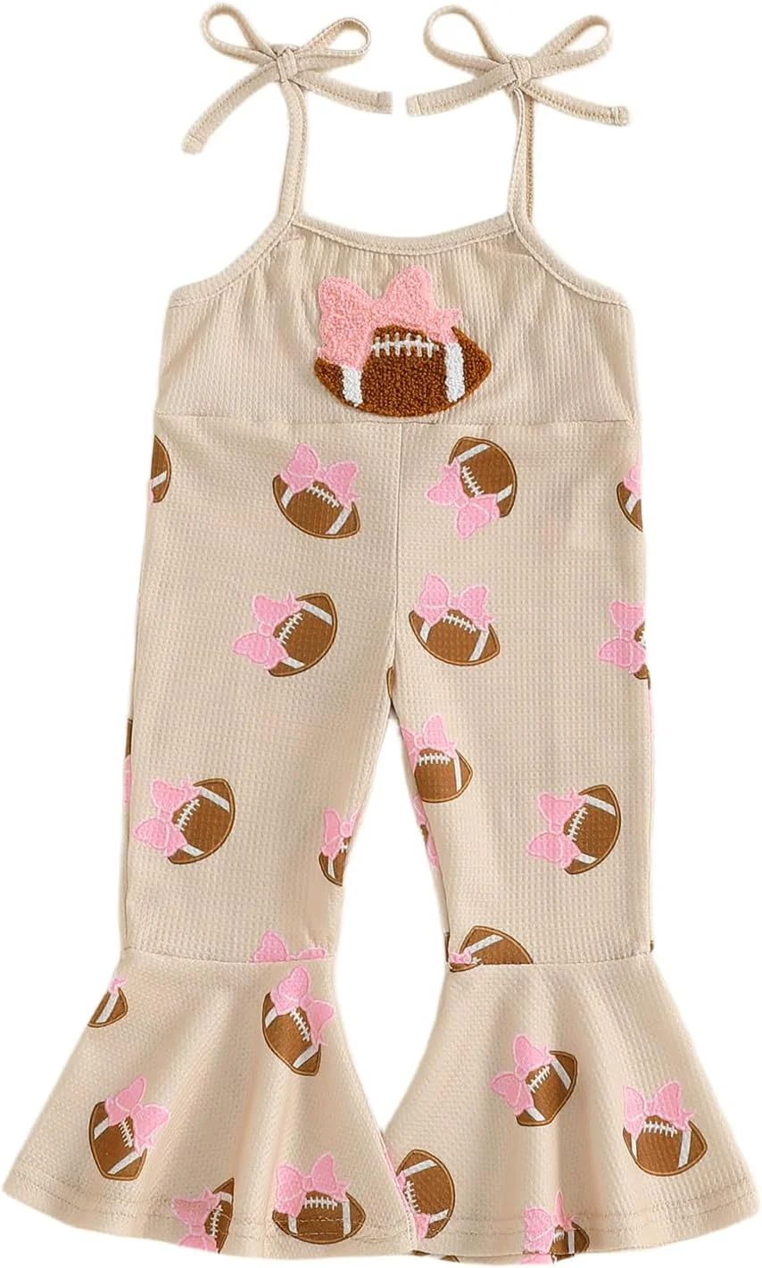 لباس فوتبال دخترانه بچه نوپا، رامپر بند اسپاگتی گلدوزی شده با پاپیون، جامپسوت یک تکه